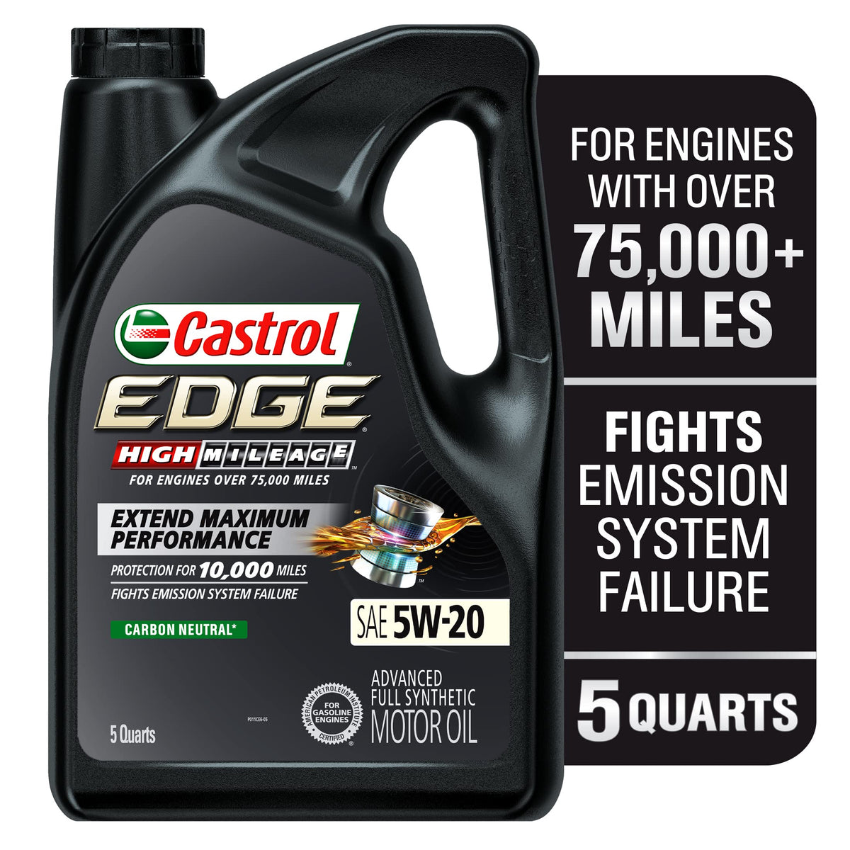 Castrol 03143C Edge High Mileage 5W-20 Advanced Full Synthetic Motor Oil, 5 Quart