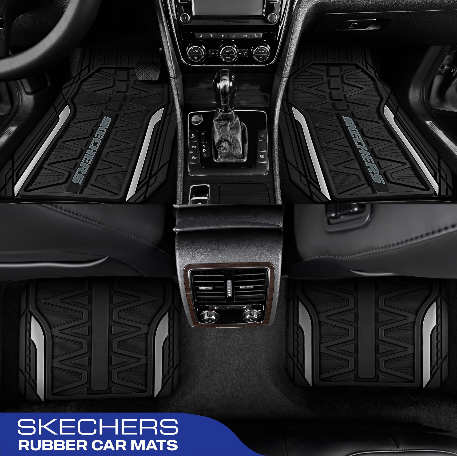 Skechers Heavy Duty Rubber Car Mats Full Set, All Weather Floor Mats, Waterproof Trim to Fit Universal Floor Liner, Automotive F