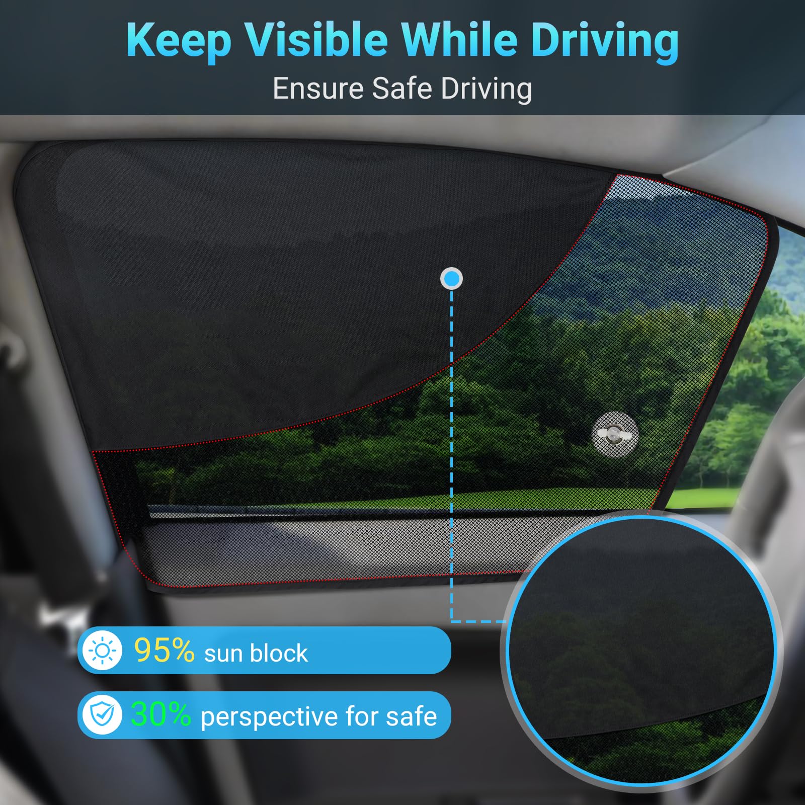 Diza100 Front Window Sun Shade, 2 Pack Half Blackout & Half See-Through Magnetic Car Side Window Sunshades With Fixed Suction Cu