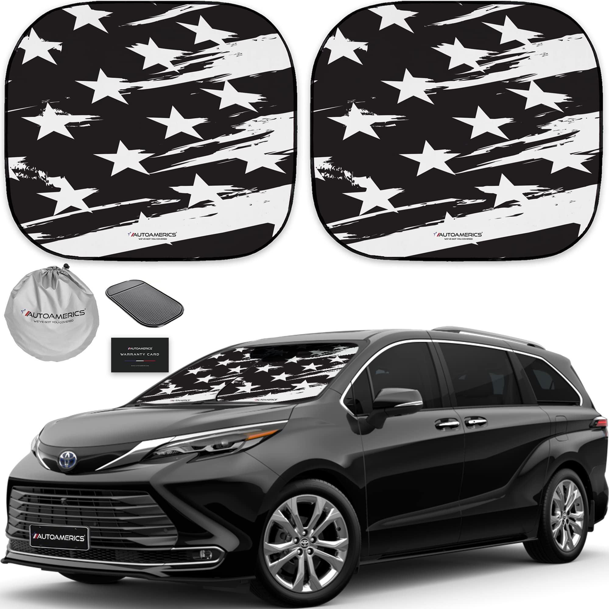 Autoamerics 2-Piece Windshield Sun Shade - B&W USA Flag Foldable Car Front Window Sunshade for Most Cars SUV Truck - Heat Blocke
