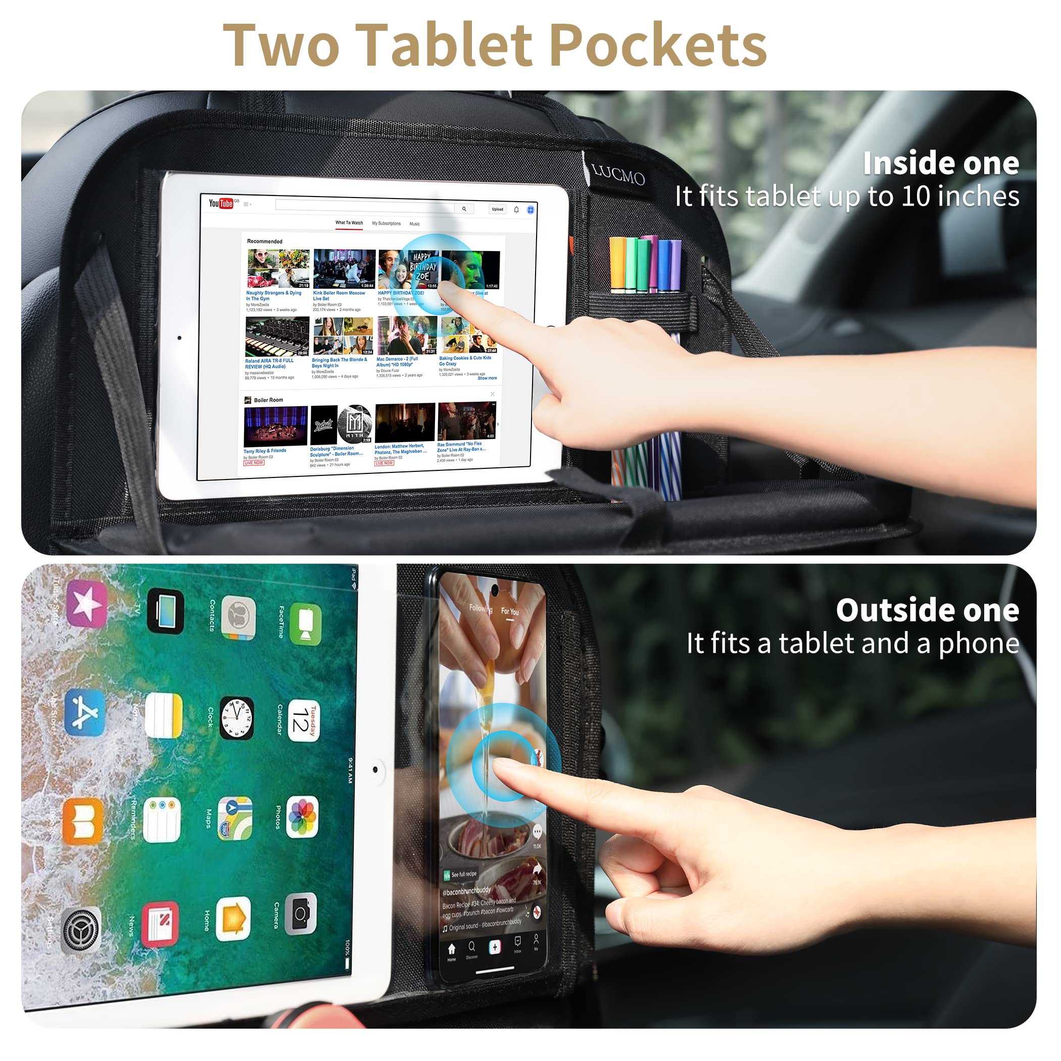 LUCMO Car Backseat Organizer with Tablet Holder, 6 Storage Pockets, Foldable Tray, Black, Model LCS-BT3P