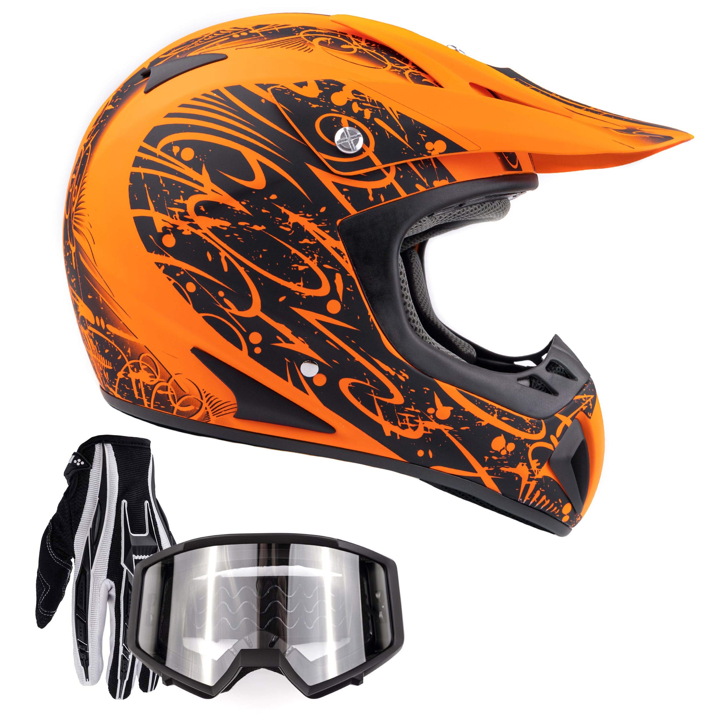 Typhoon Adult Atv Mx Helmet Goggles Gloves Gear Combo Matte Orange W/ Black ( Xxl )