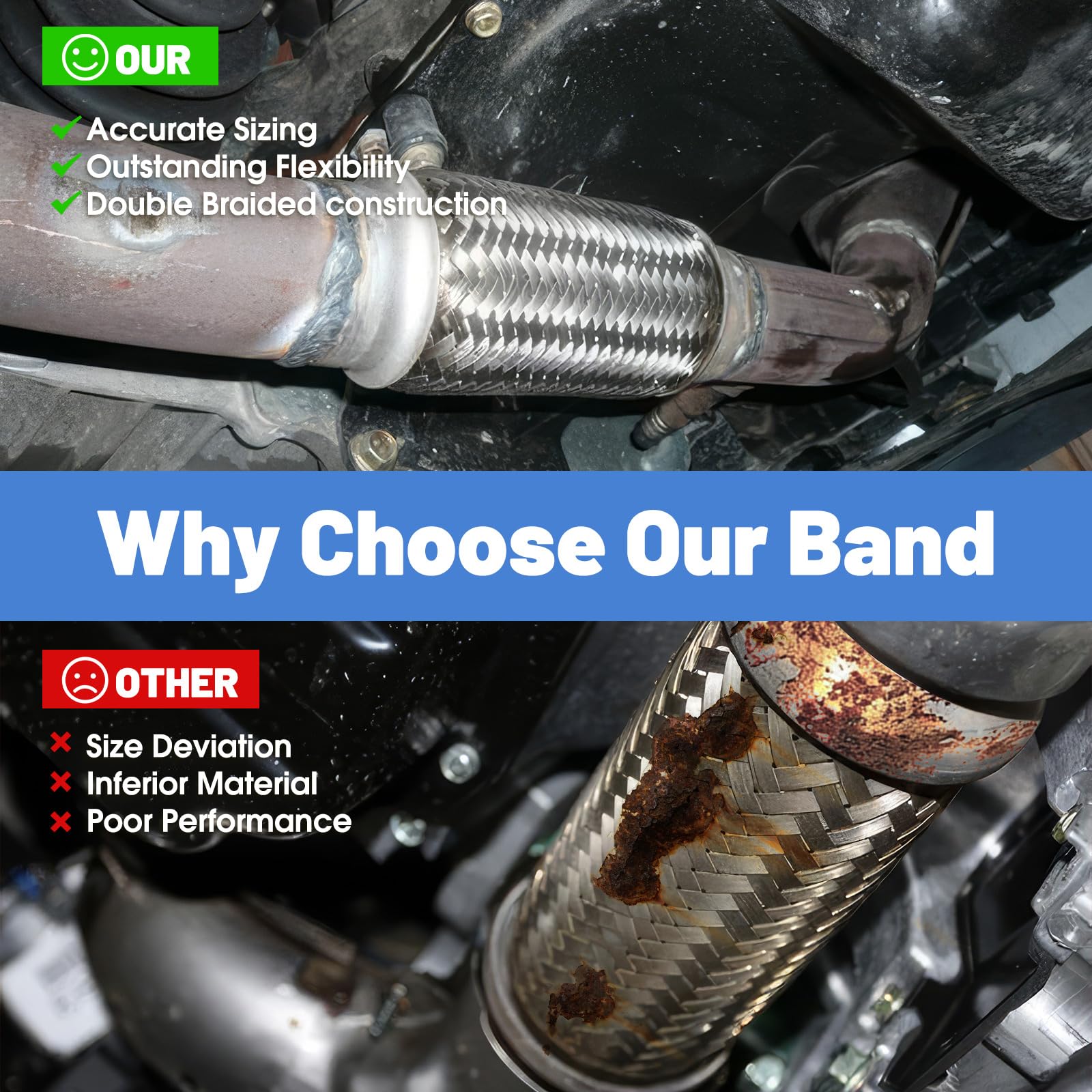 RP Remarkable Power, RK7541 Exhaust Flex Pipe 2.25'' x 8'' Heavy Duty Stainless Steel 12''OL