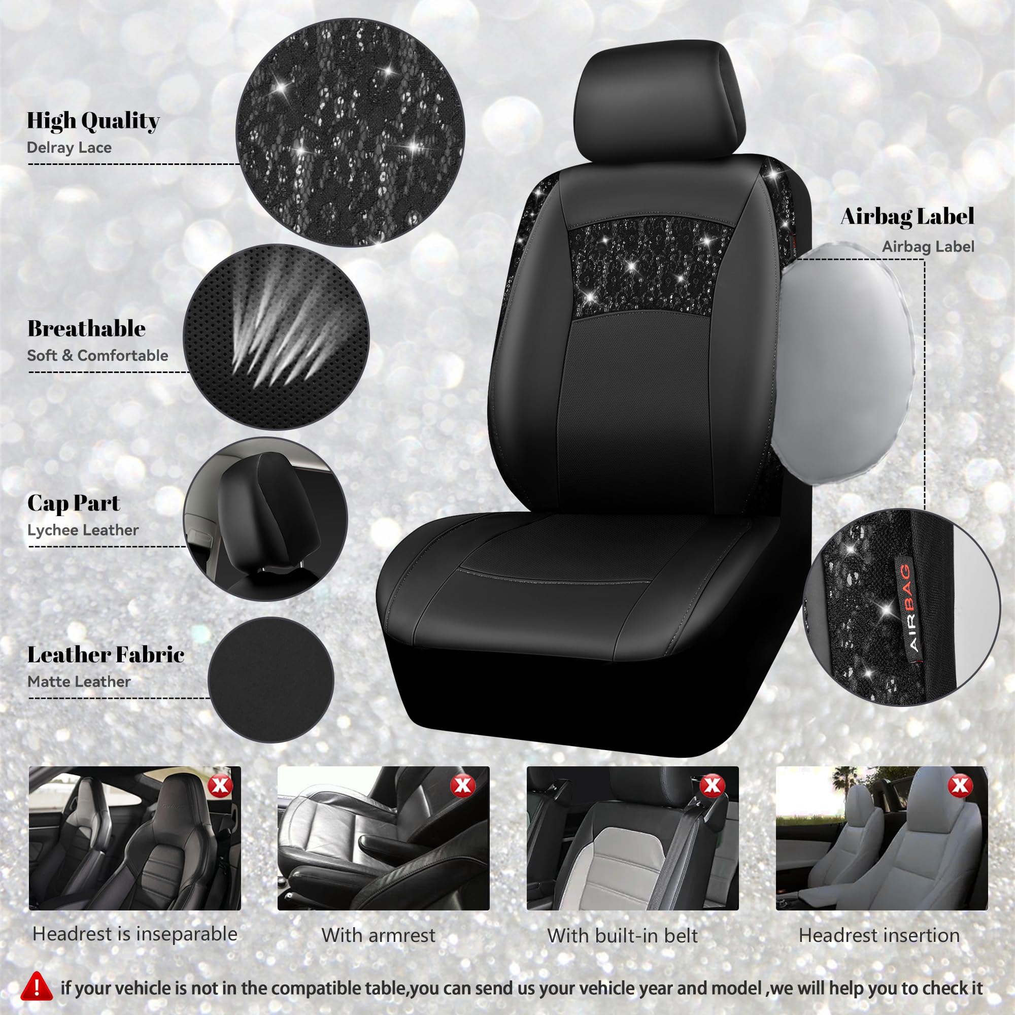 Car Pass Universal Black Leather Lace Car Seat Covers Full Set For Women Girls,Waterproof Car Floor Mats Carpet,Glitter Steering