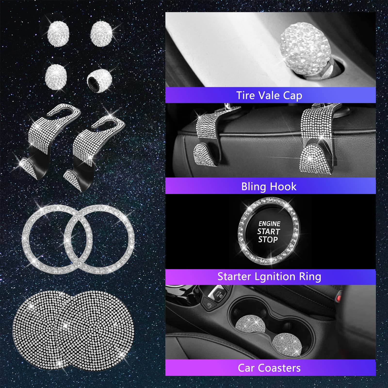 Jingsen 25Pcs Bling Car Parts Set, Car Parts Set Female Plug Universal 15 Inch, Shiny License Plate Frame, Center Console Cover