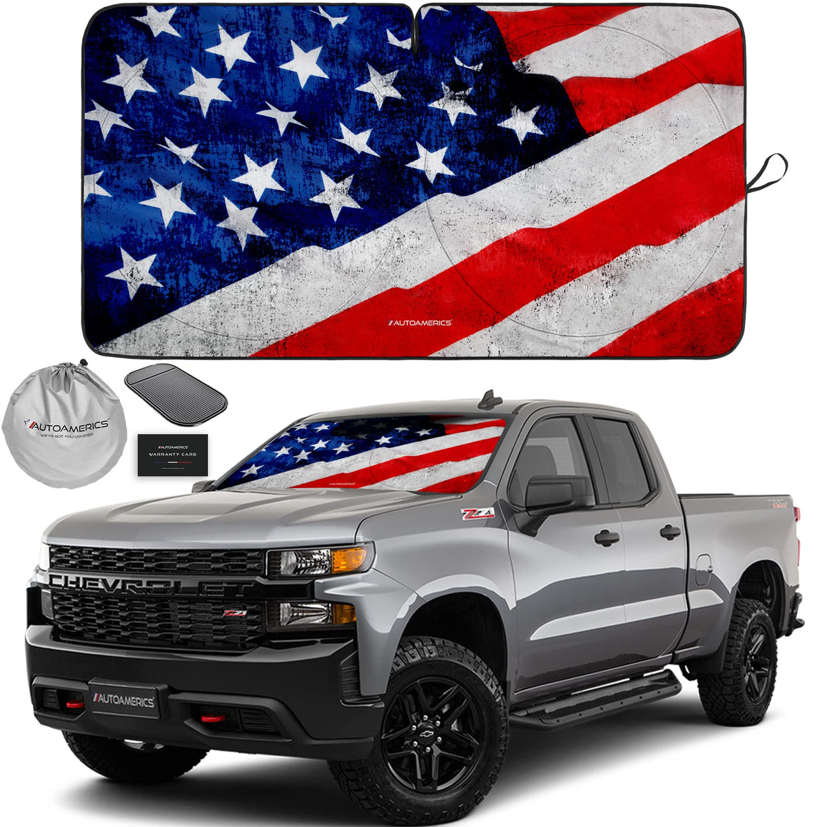 Autoamerics 1-Piece Windshield Sun Shade Grunge American Flag - 4 Usa Design - Foldable Car Front Window Sunshade For Most Sedan
