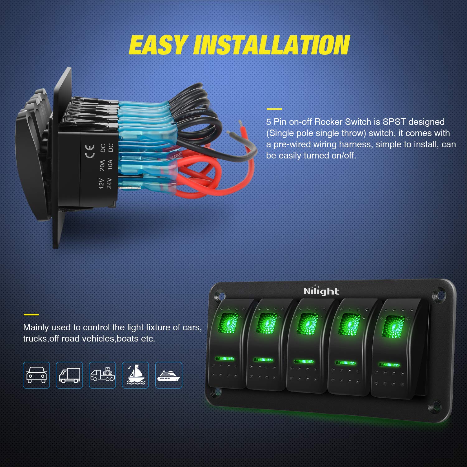 Nilight 5 Gang Rocker Switch Panel 5Pin On Off Toggle Switch Aluminum Holder 12V 24V Dash Pre-Wired Green Backlit Switches For A