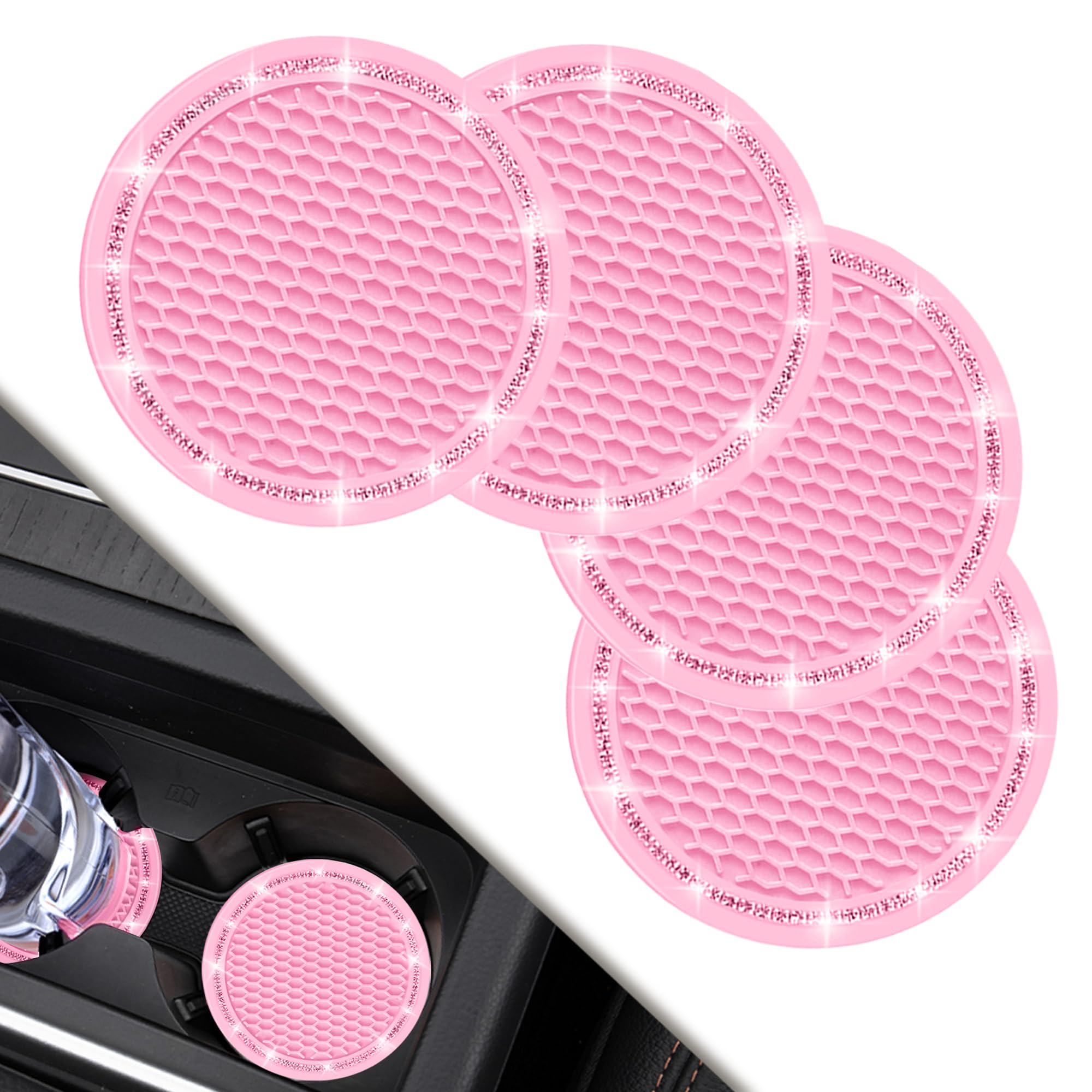 Car Coasters, 4 Pack Car Cup Holder Coaster, COCASES Crystal Rhinestone Pink Car Interior Accessories, 2.75'' Silicone Bling Dec