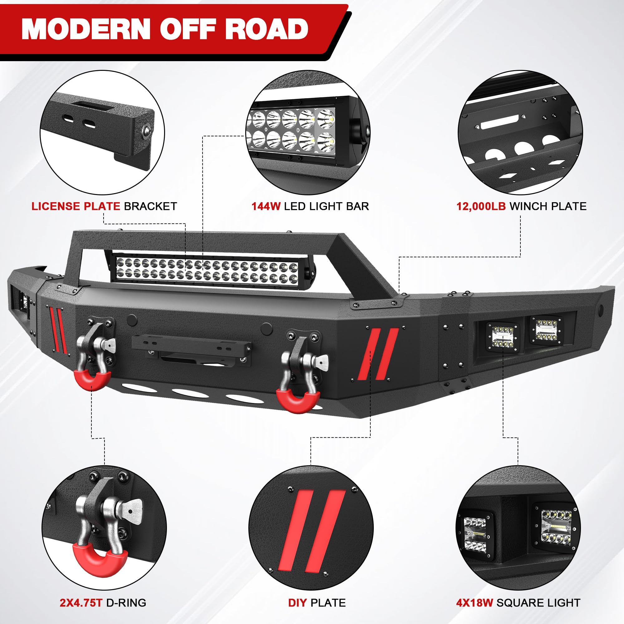 Longsun Front & Rear Bumpers Fit 2015-2017 Ford F150, Full Width Front Bumper & Rear Bumper Combo For F-150 (Excluding Raptor & Ecoboost) Off Road Pickup Truck, With Winch Plate, D-Rings, Led Lights