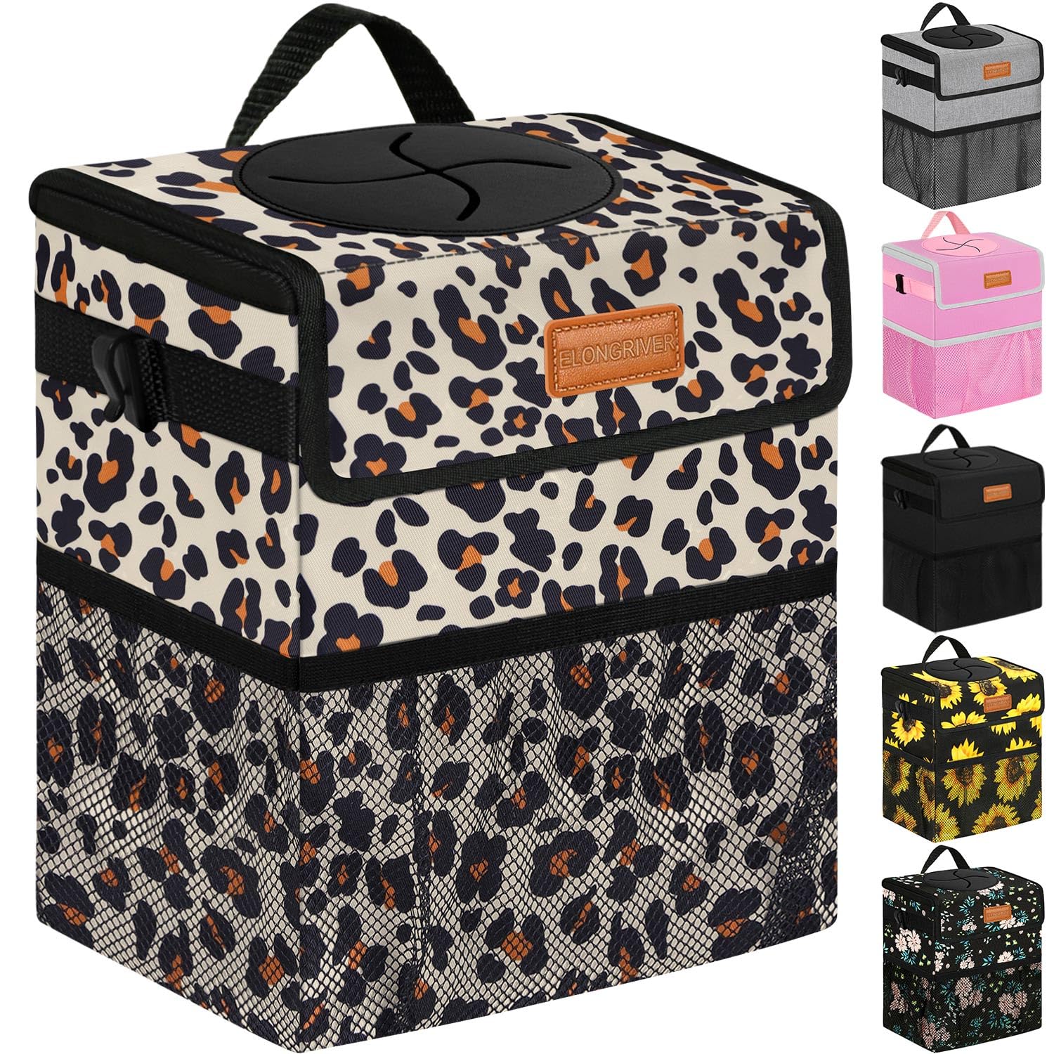 Elongriver Car Trash Can Bin For Back Seat, Leak Proof, Cute Car Trash Bag Hanging, Vehicle Trash Can For Suv Truck Van, Leopard