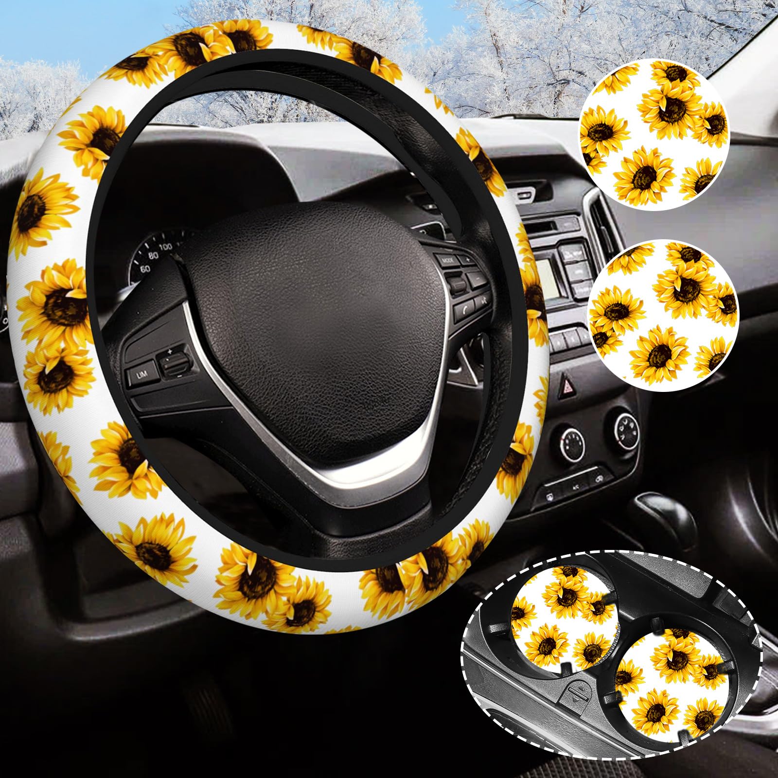 Yellow Sunflower Flower Steering Wheel Cover for Women Men with 2 Pcs Car Coasters, Universal 14.5-15 Inch Rainbow Steering Whee