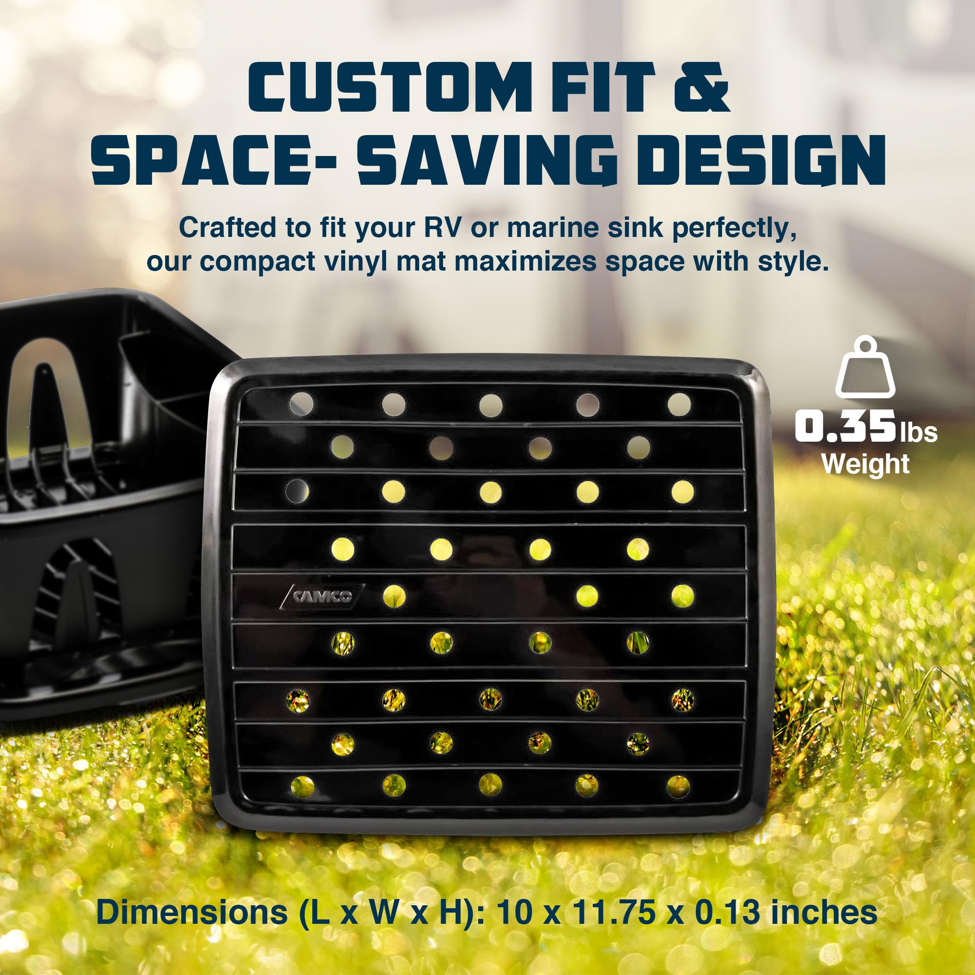 Camco 10 Inch X 11.75 Inch Durable Compact Vinyl Kitchen Sink Pad Mat With Drain Holes, For Rv, Camper, Marine, And Boat Sinks, Black