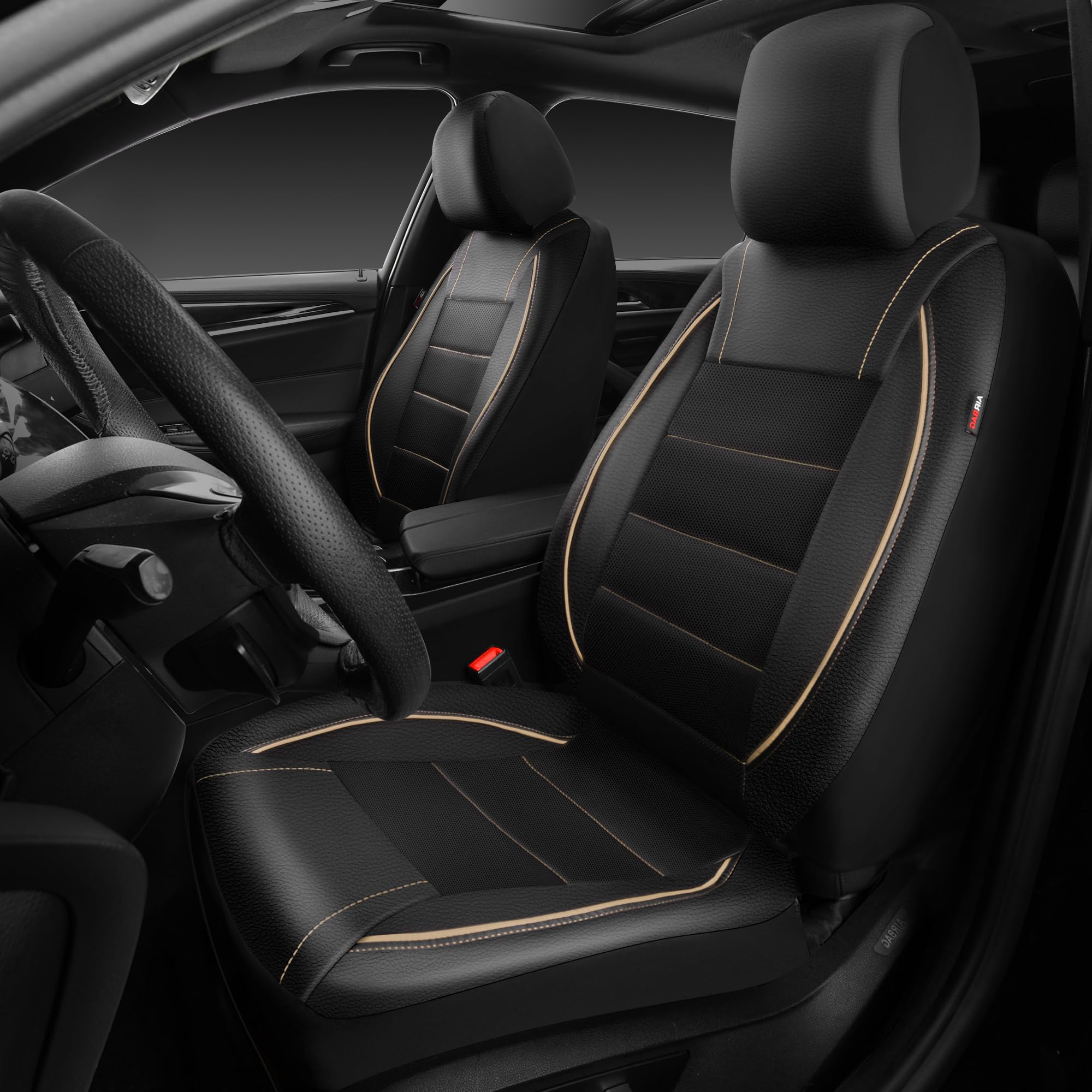 Car Pass Universal Fit Piping Leather Two Front Seat Covers, Waterproof Faux Leather For Suv Sedan Van Truck, Airbag Compatible,