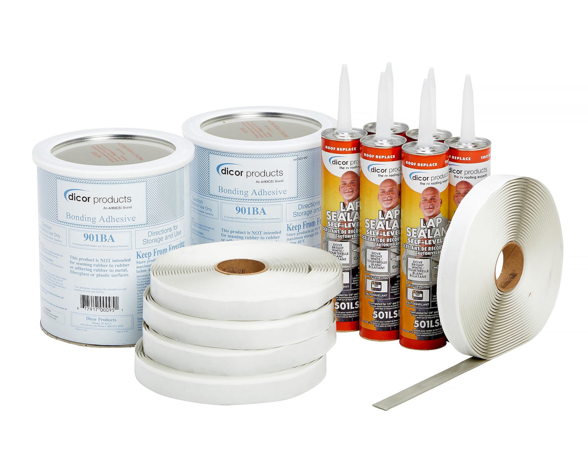 Dicor 401-Ck-D Rv Rubber Roof Kit - Bonding Adhesive, Rv, Trailer, Motorhome Repair Butyl Tape, Lap Sealant Included, Dove (Bright White)