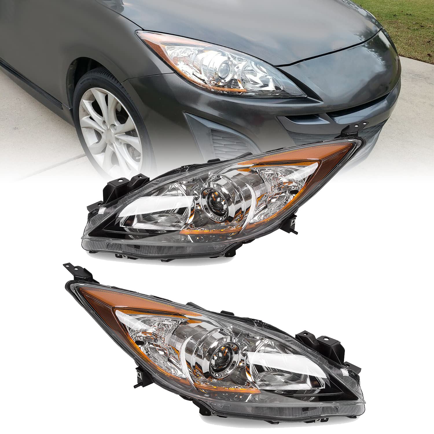 Ecotric Headlight Assembly Compatible With 2010-2013 Mazda 3 Front Lamp Headlamp Corner Projector Replace For Ma2518130, Ma25191