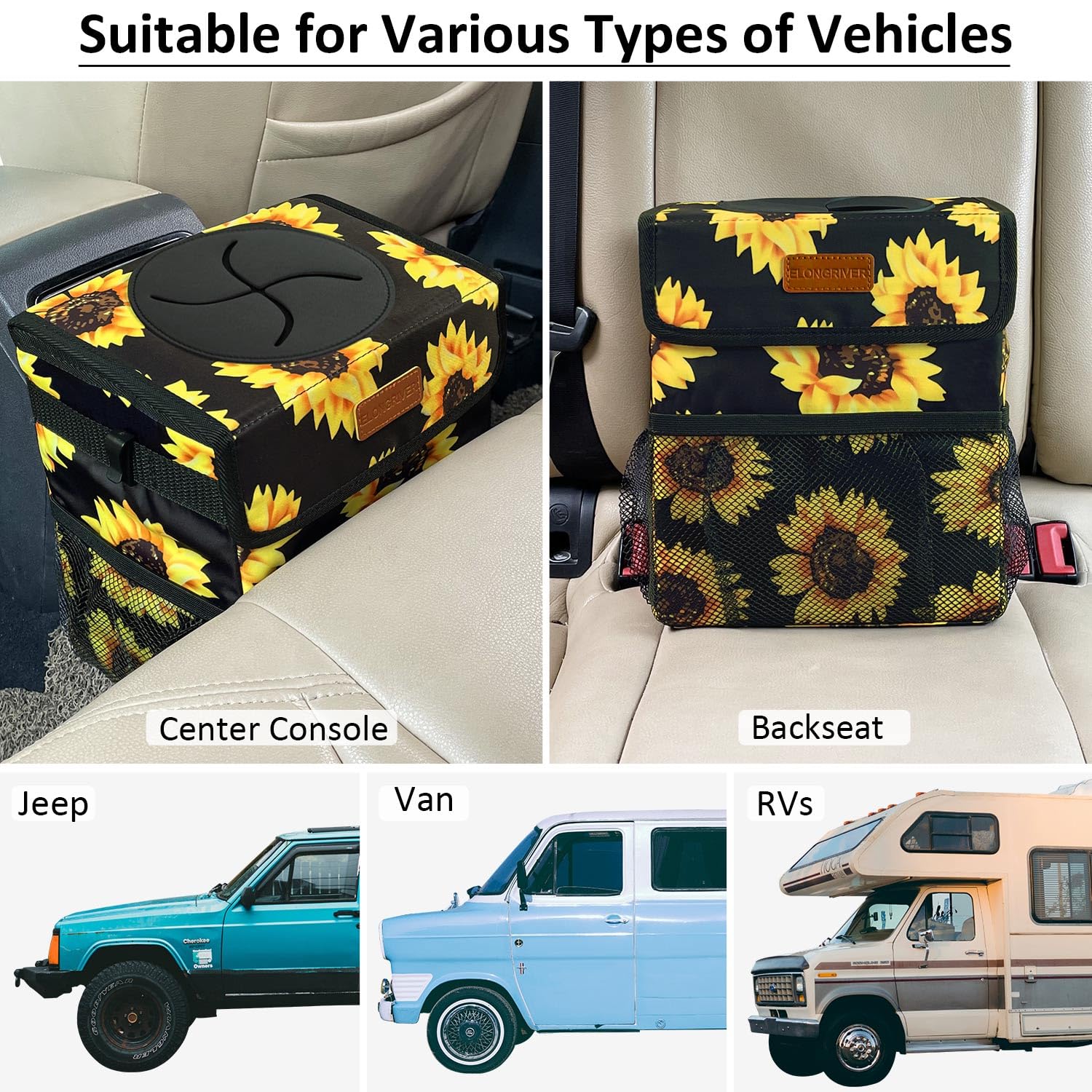 Elongriver Car Trash Can Bin For Car Back Seat Leak Proof, Cute Car Trash Bag Hanging, Vehicle Trash Can For Suv Truck Van, Automotive Car Garbage Cans Front Seat Sunflower Floral