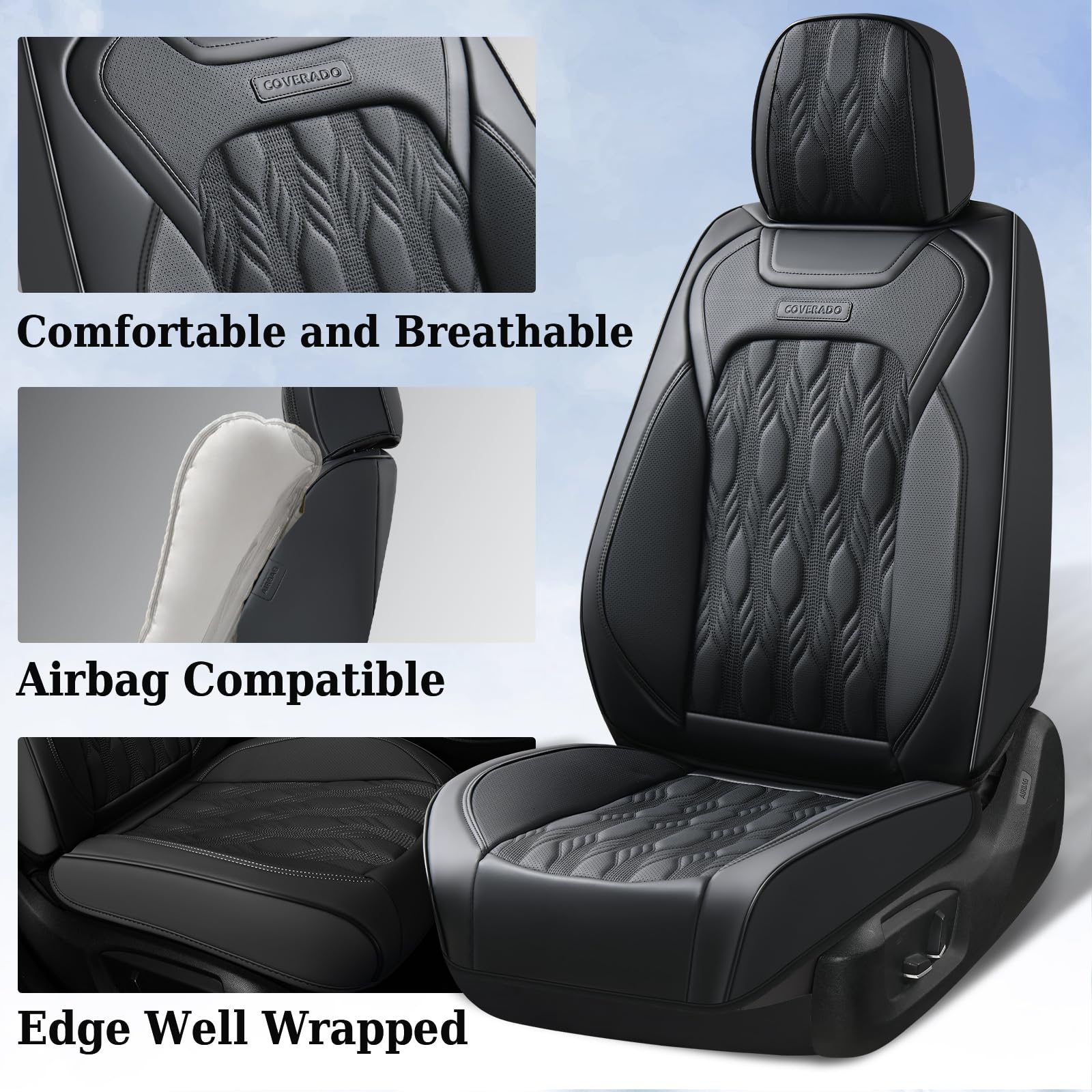 Coverado Car Seat Cover, Black Luxury Seat Cover For Cars, Premium Nappa Leather Seat Covers Full Set With Embossed Pattern, Wat