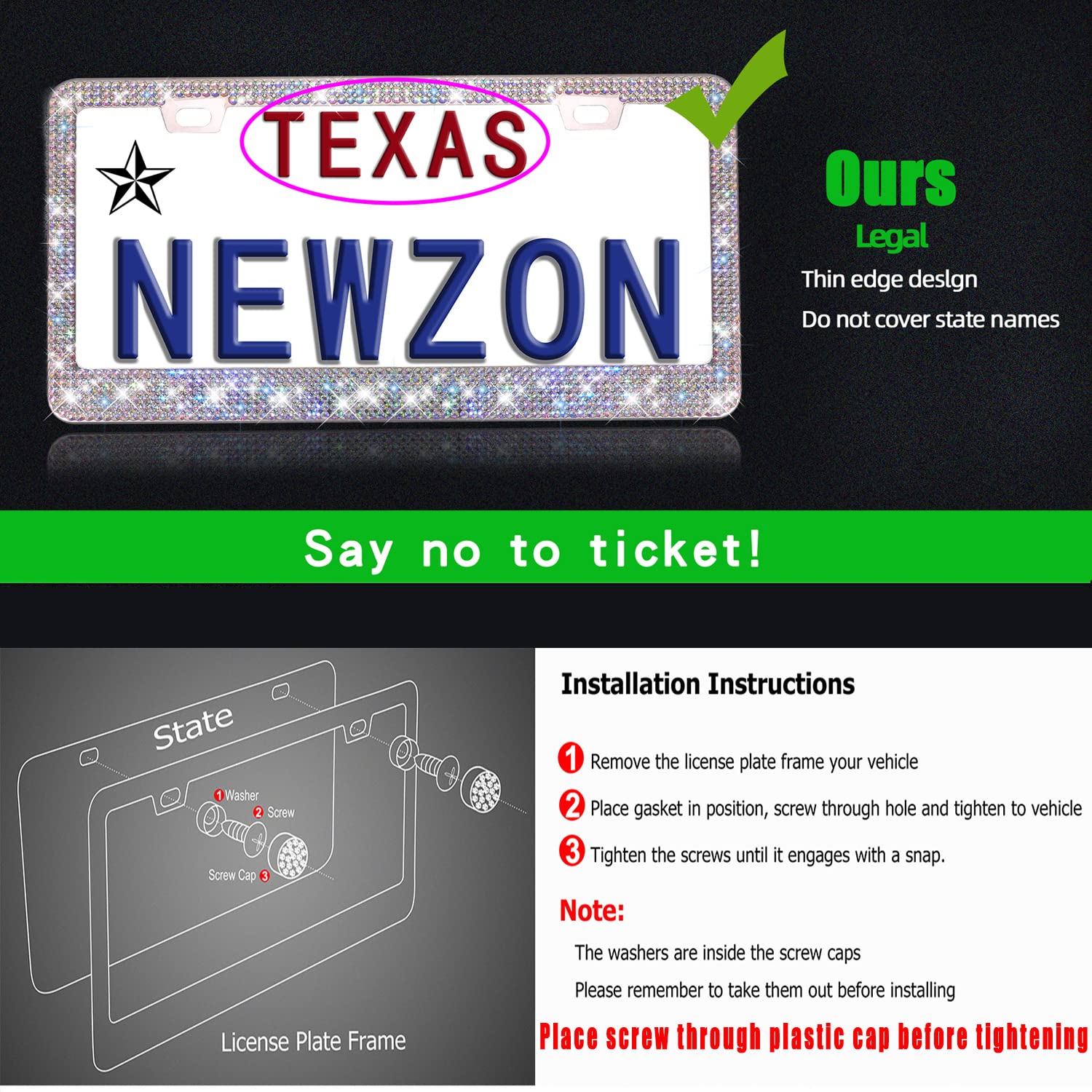 Newzon Ab Rhinestone License Plate Frame For Women, 2 Pack Sparkly Luxury Colorful Glass Diamond Car Tag Frame With Diamond Cap