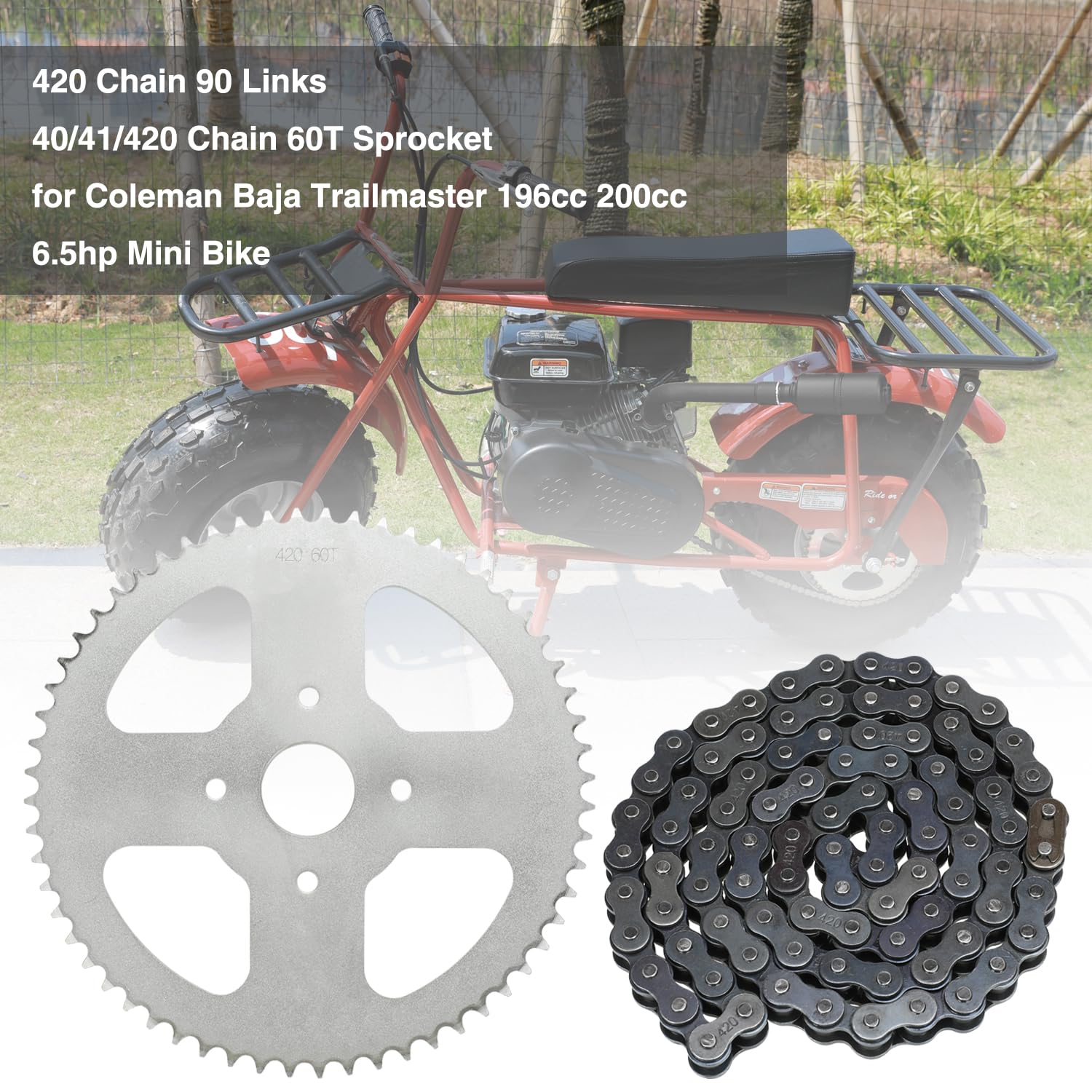 Yoxufa #40 41 420 Chain 60T Sprocket + 420 Chain 90 Links For Coleman Ct200U Bt200X Ct200U-Ex Baja Warrior Massimo Trailmaster M