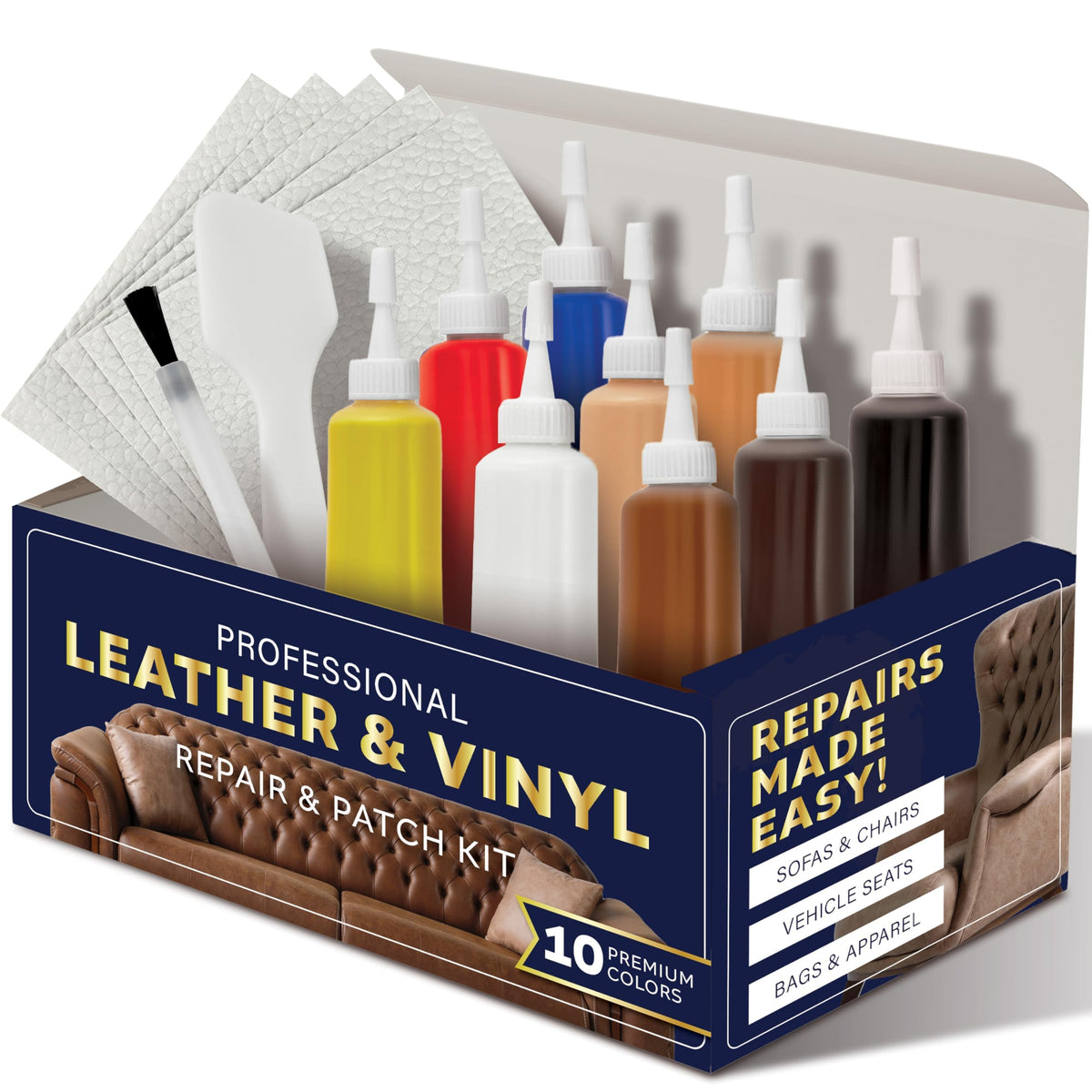 Leather Repair Kit- Easy Instructions, Matching Pallet & 10 Tubes of Repair Paste- for Tears, Burns & Scratches- Vinyl/Faux & Le