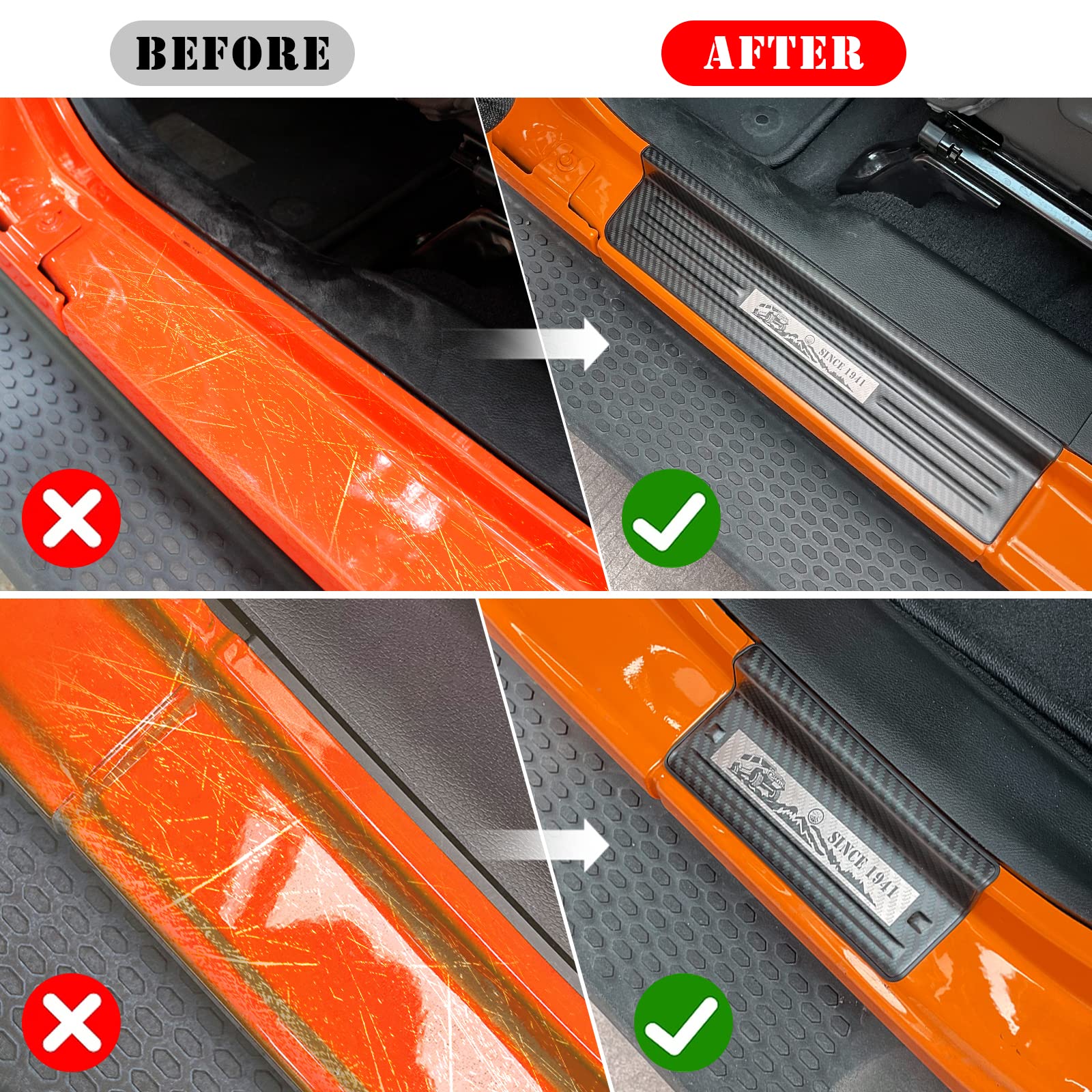 Rowa Door Sill Guards Compatible With Jeep 2018-2025 Wrangler Jl Jlu & 2020-2025 Gladiator Jt, Carbon Fiber Pattern 304 Stainles
