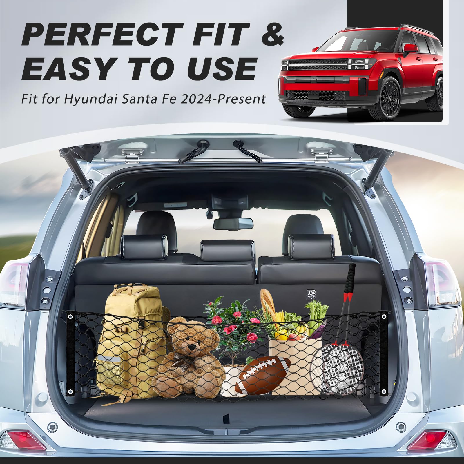 Karltys Envelope Style Cargo Net For 2024 2025 Hyundai Santa Fe, Heavy Duty Rear Trunk Mesh Cargo Net Fit Santa Fe Accessories,
