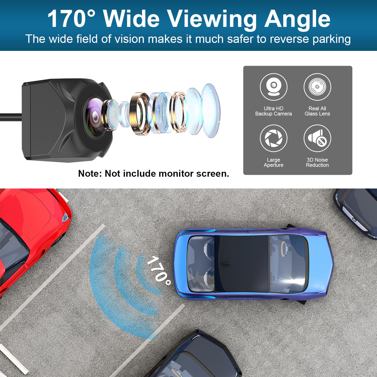 Car Backup Camera, 170 Degree Wide Angle Rear View Camera, Hd Night Vision Reverse Camera, Ip69K Waterproof License Plate Backup