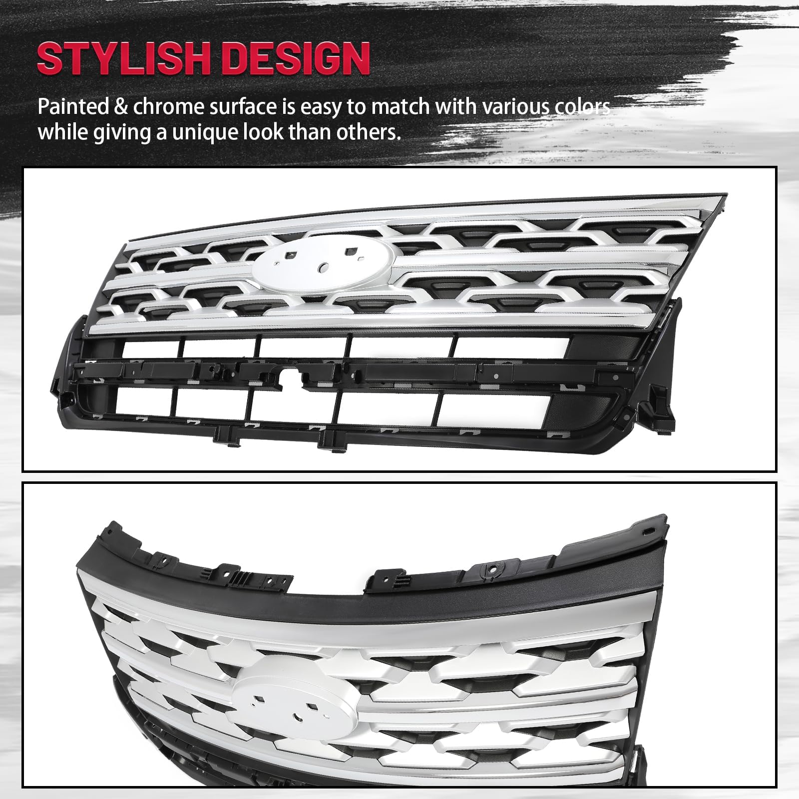 HECASA Front Grille Grill Compatible with 2018-2019 Ford Explorer Front Bumper Upper Hood Grill Chrome