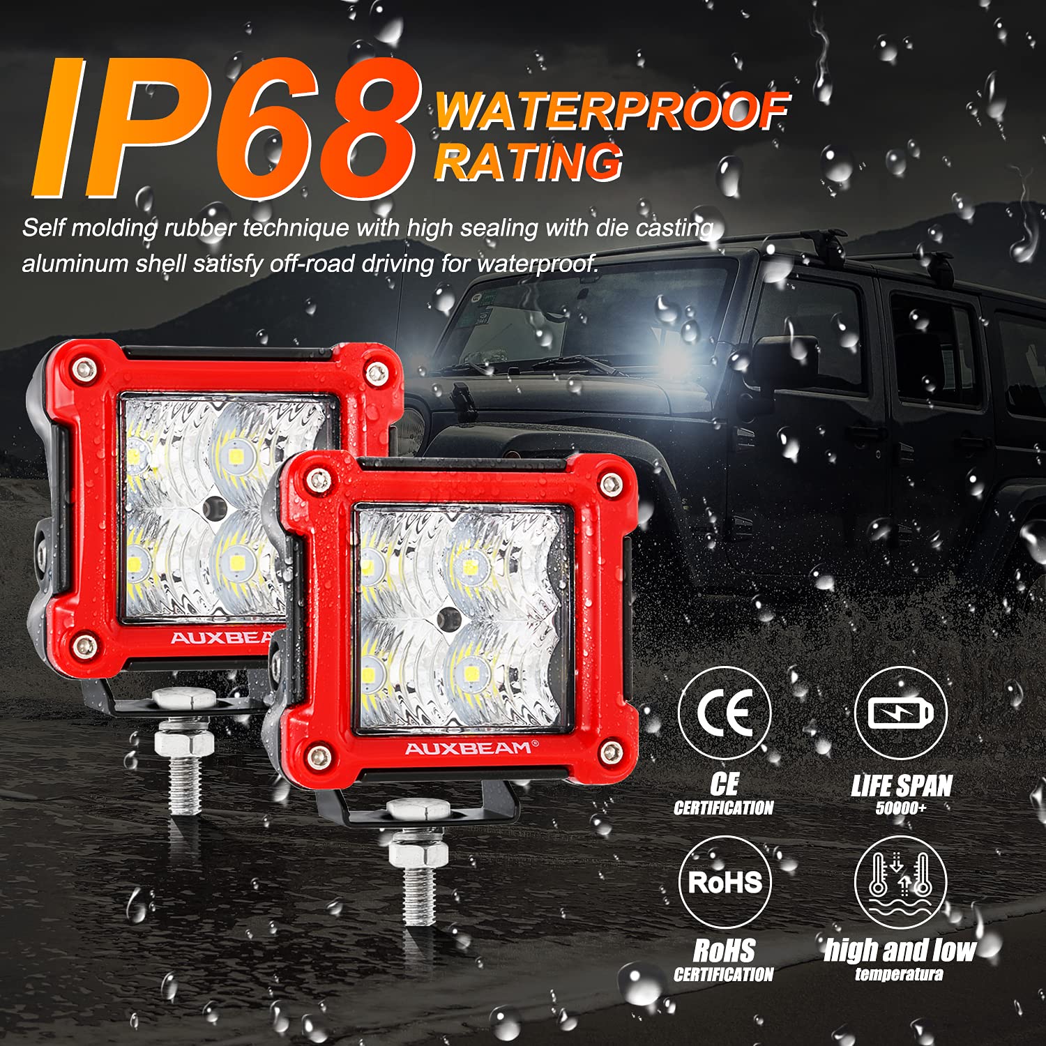 Auxbeam Fa Series Flood Beam 3 Inch 40W Cube Led Pods, Red Shell Ditch Light Bar 4800Lm, Off-Road Driving Hood Lights For 4Wd Je