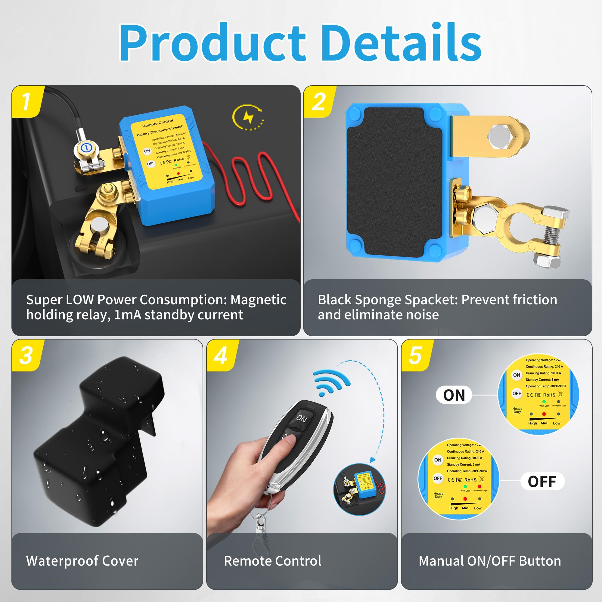 Joinfworld Remote Battery Disconnect Switch 12V 240A Kill Switch For Car Anti Theft Automatic Shut Off Switch With Wireless Remo