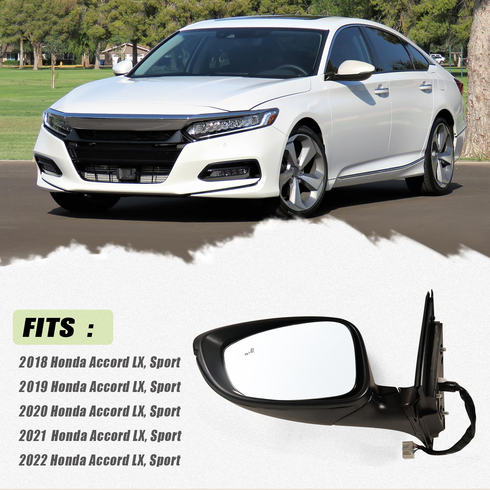 Lqito Left Driver Side Mirror Fits 2018-2022 Honda Accord With Power Glass, Heated, Blind Spot Detection,Turn Signal And Manual