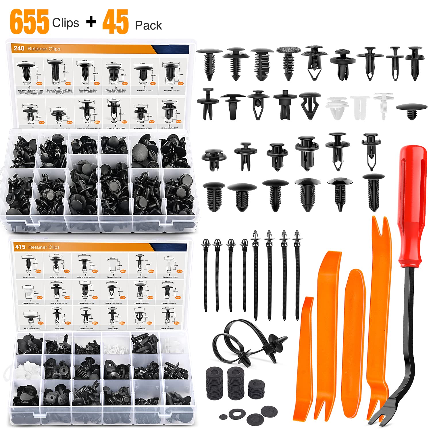 Gooacc 700Pcs Car Push Retainer Clips Auto Fasteners Assortment 30 Sizes Nylon Bumper Fender Rivets With 10 Cable Ties Fasteners