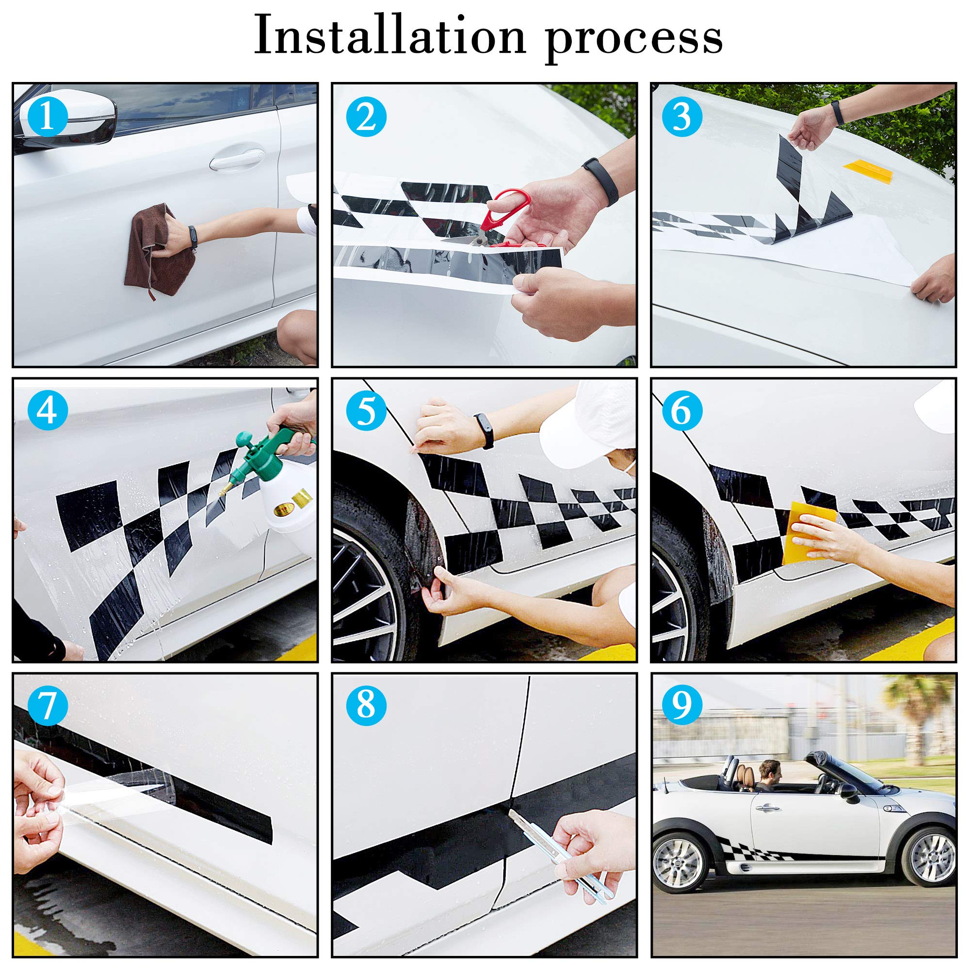 Tomall 1 Pair 77.2'' Racing Checkered Flag Side Stripe Decals Compatible With Mini Cooper Lattice Grid Stripe Graphic Waterproof