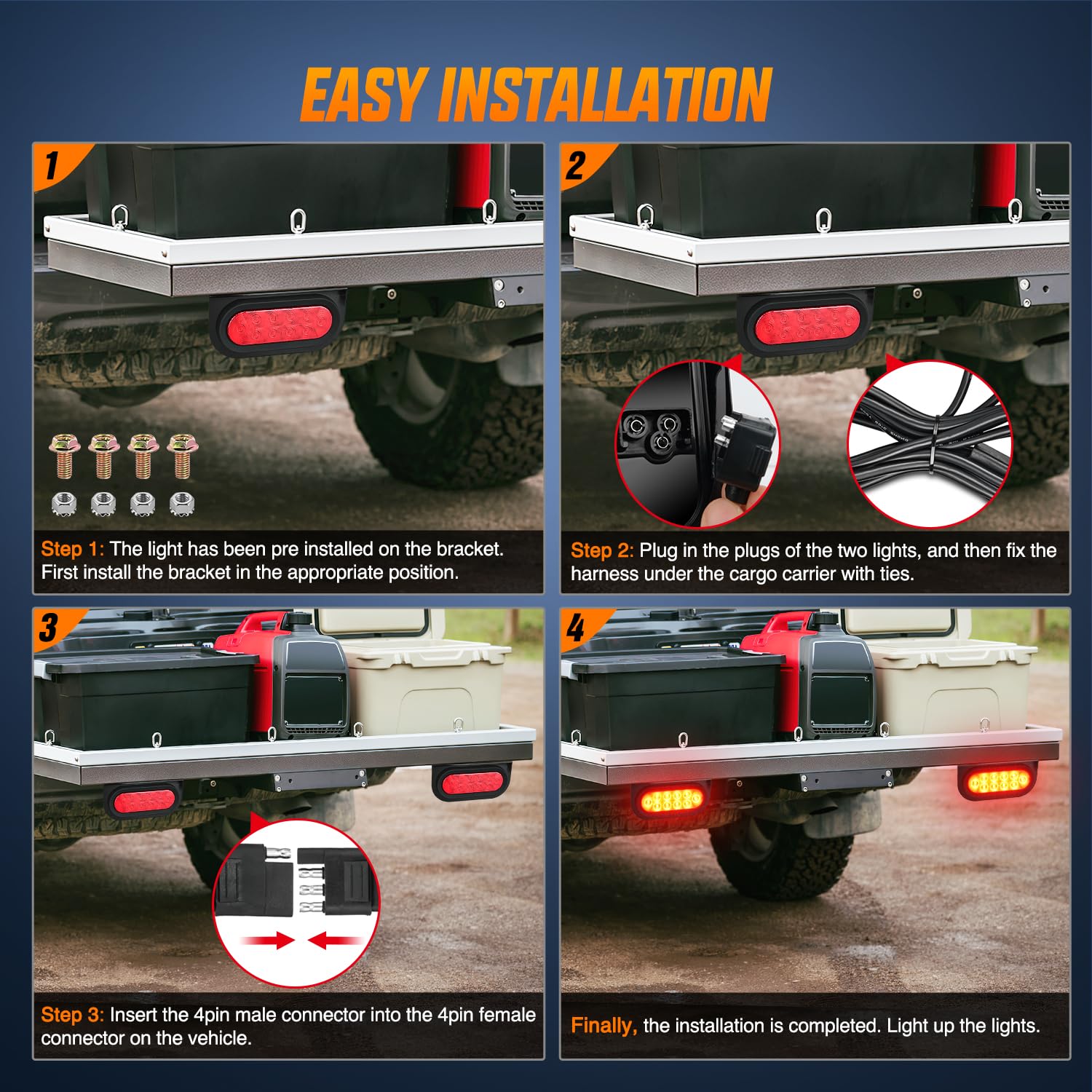 Nilight Hitch Cargo Carrier Oval Light Kit 2Pcs 6Inch Red W/Flush Mount Grommet Bracket Harness Waterproof Stop Turn Signal Tail