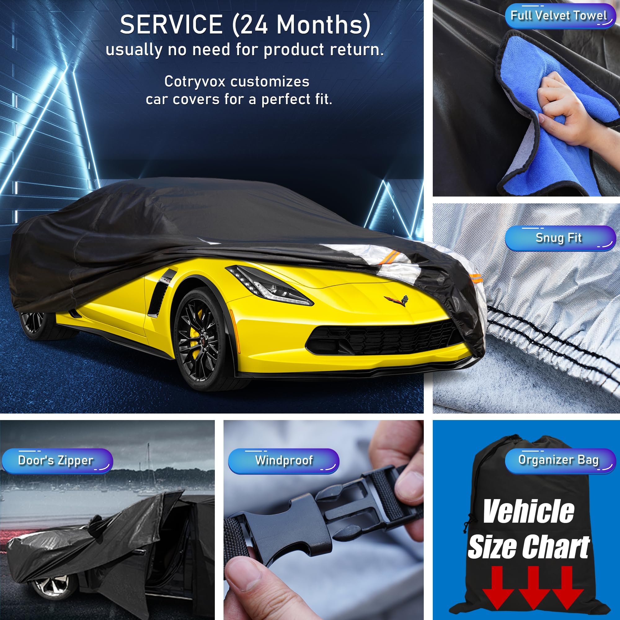 Cotryvox 10-Layer Waterproof Sports Car Cover. See Vehicle Size-Chart for Accurate Fit. All Weather Full Outdoor Covers. Chevy C