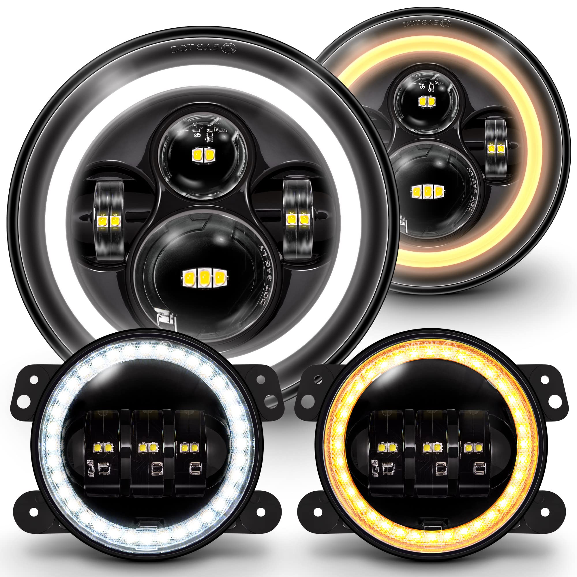 True Mods 7-Inch H6024 Led Headlights + 4-Inch Fog Lights For Jeep Wrangler Jk Unlimited Jku Accessories 2007-2018 [Halo Drl][Am