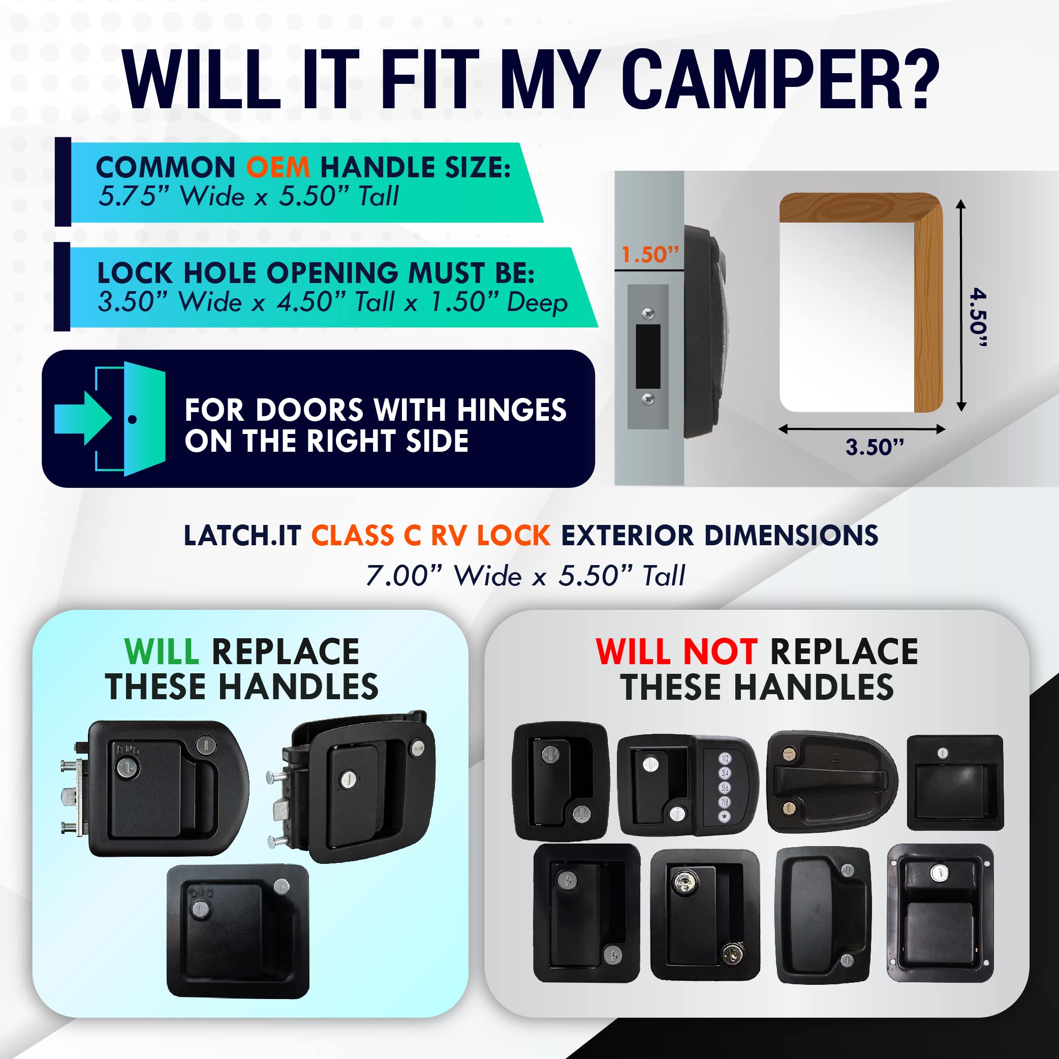 LATCH.IT RV Door Lock Replacement - Metal Mechanical Lock, Class C, 3.50" x 4.50" Hole, Black, Model RVL3249, Includes 2 Keys