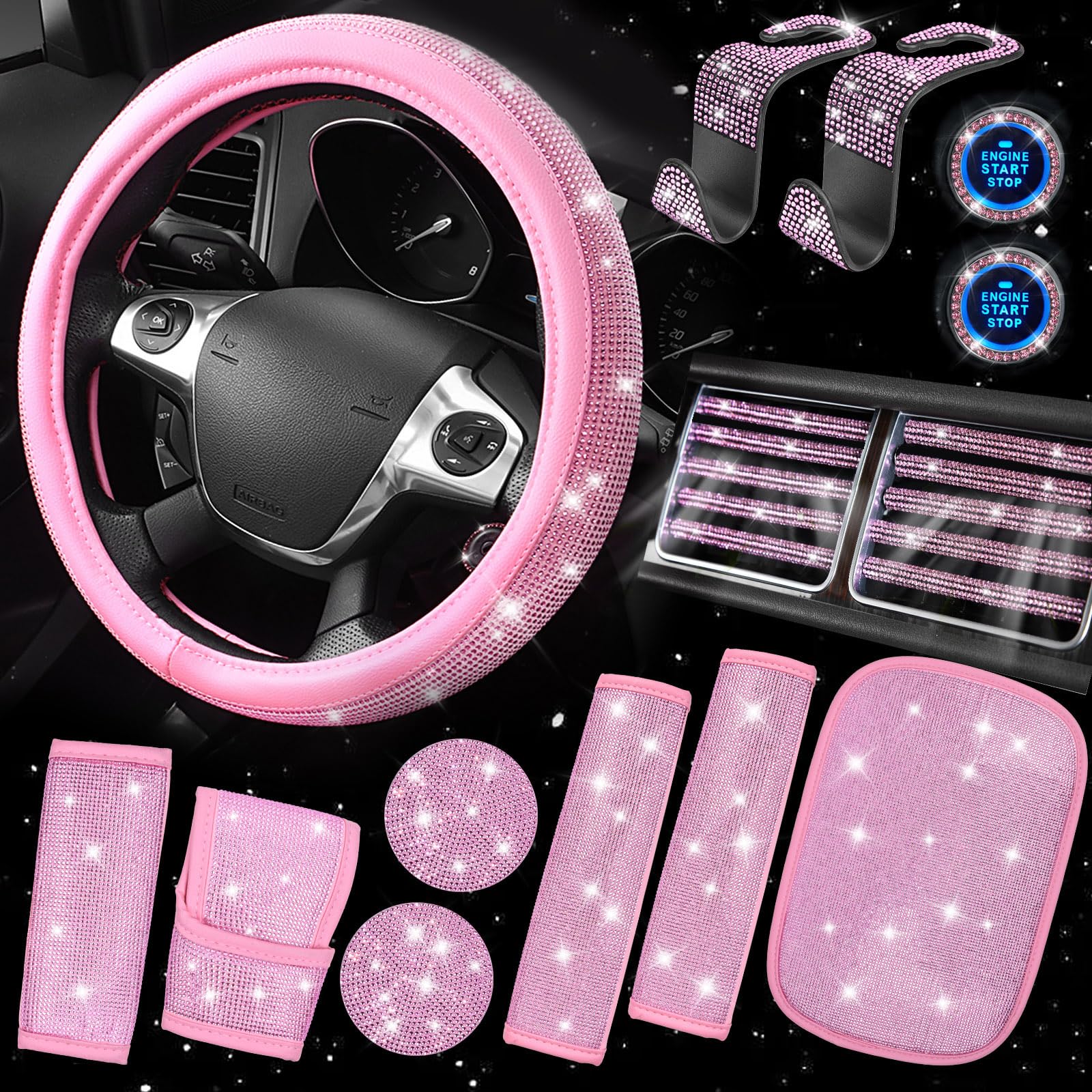 Car Pass Pink Bling Car Accessories Set For Women, Sparkly Rhinestone Diamond Steering Wheel Cover Set Seat Belt Cushion Glitter