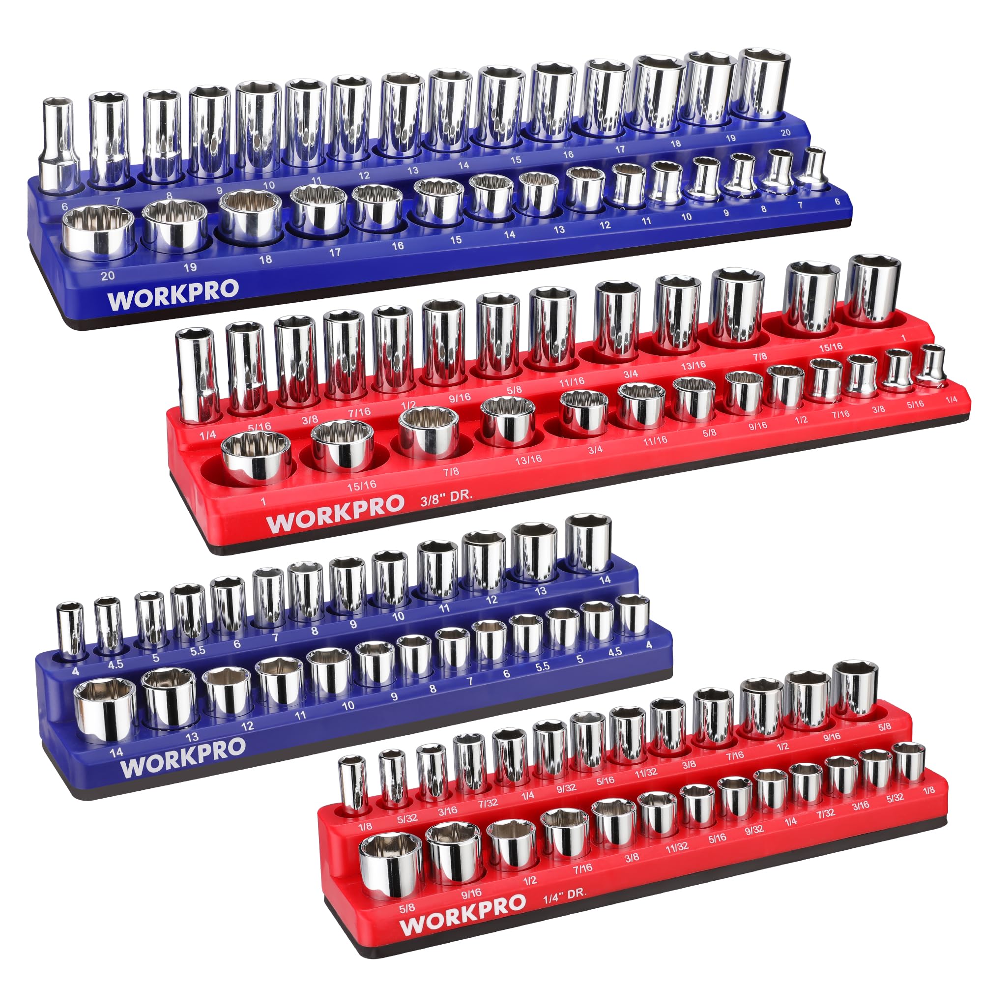 WORKPRO Magnetic Socket Organizer Set, 4-Piece Socket Holder Set Includes 1/4, 3/8 Drive Metric SAE Socket Trays, Holds 108 Piec