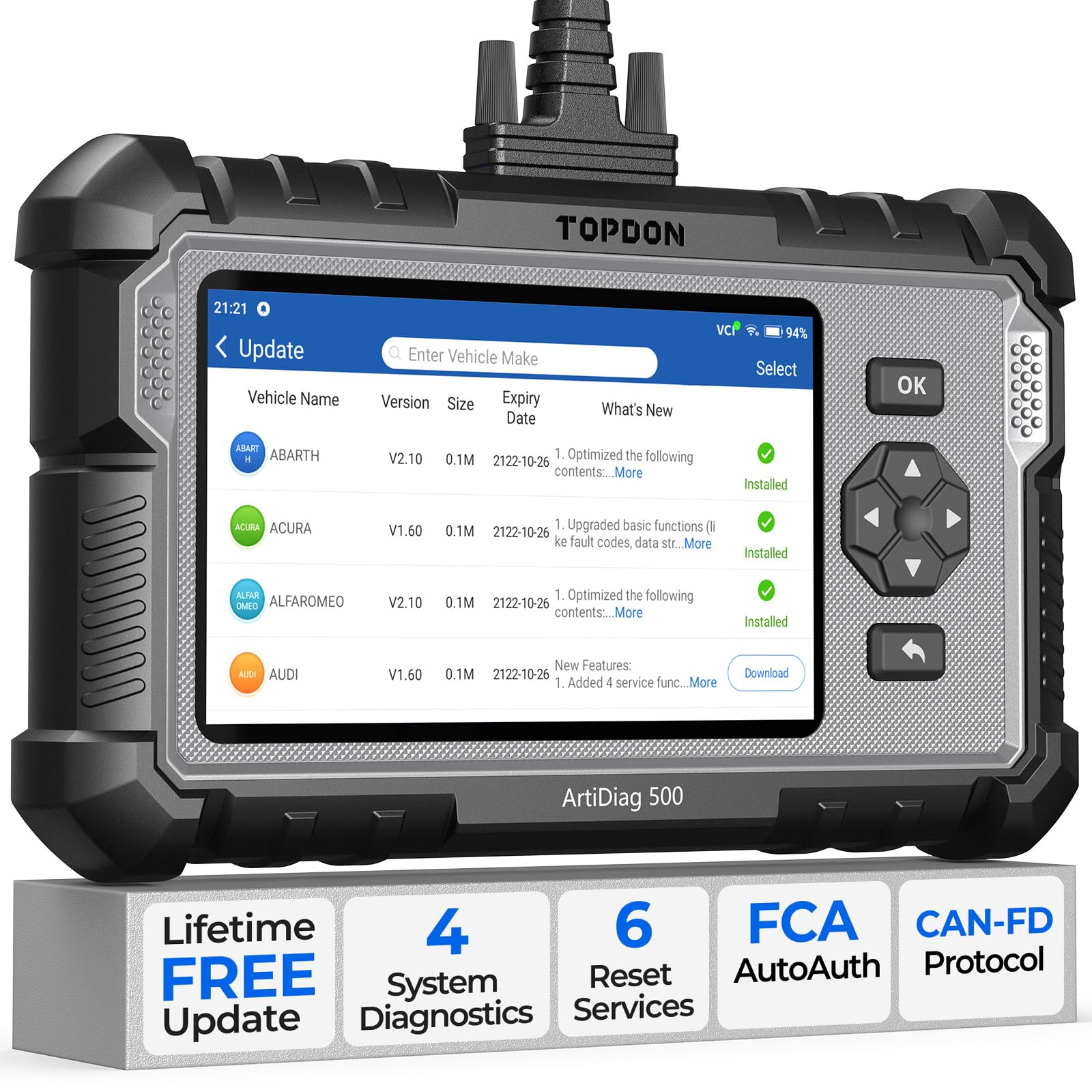 TOPDON AD500 OBD2 Scanner Car Code Reader Scan Tool, Engine ABS SRS Transmission Diagnostics Tool, FCA AutoAuth, CAN FD Protocol