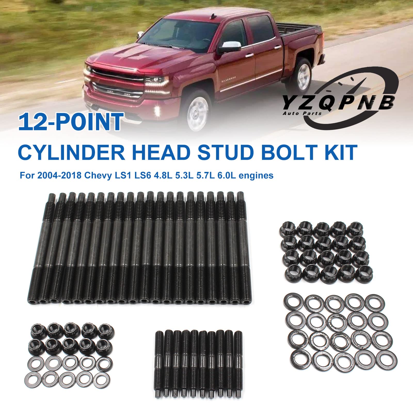 Yzqpnb 12-Point Cylinder Gasket Head Stud Bolt Kit Compatible With 2004-2019 Ls1 Ls3 5.3L 5.7L 6.0L Engines / Chevy Ls1 Ls6 4.8L