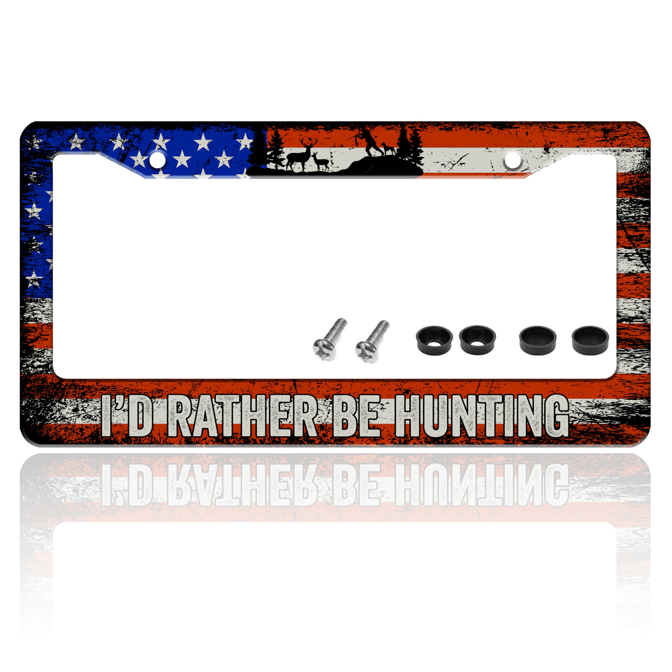 Id Rather Be Hunting License Plate Frame Retro American Flag License Plate Holder for Front or Rear Car Tags Durable Stainless 