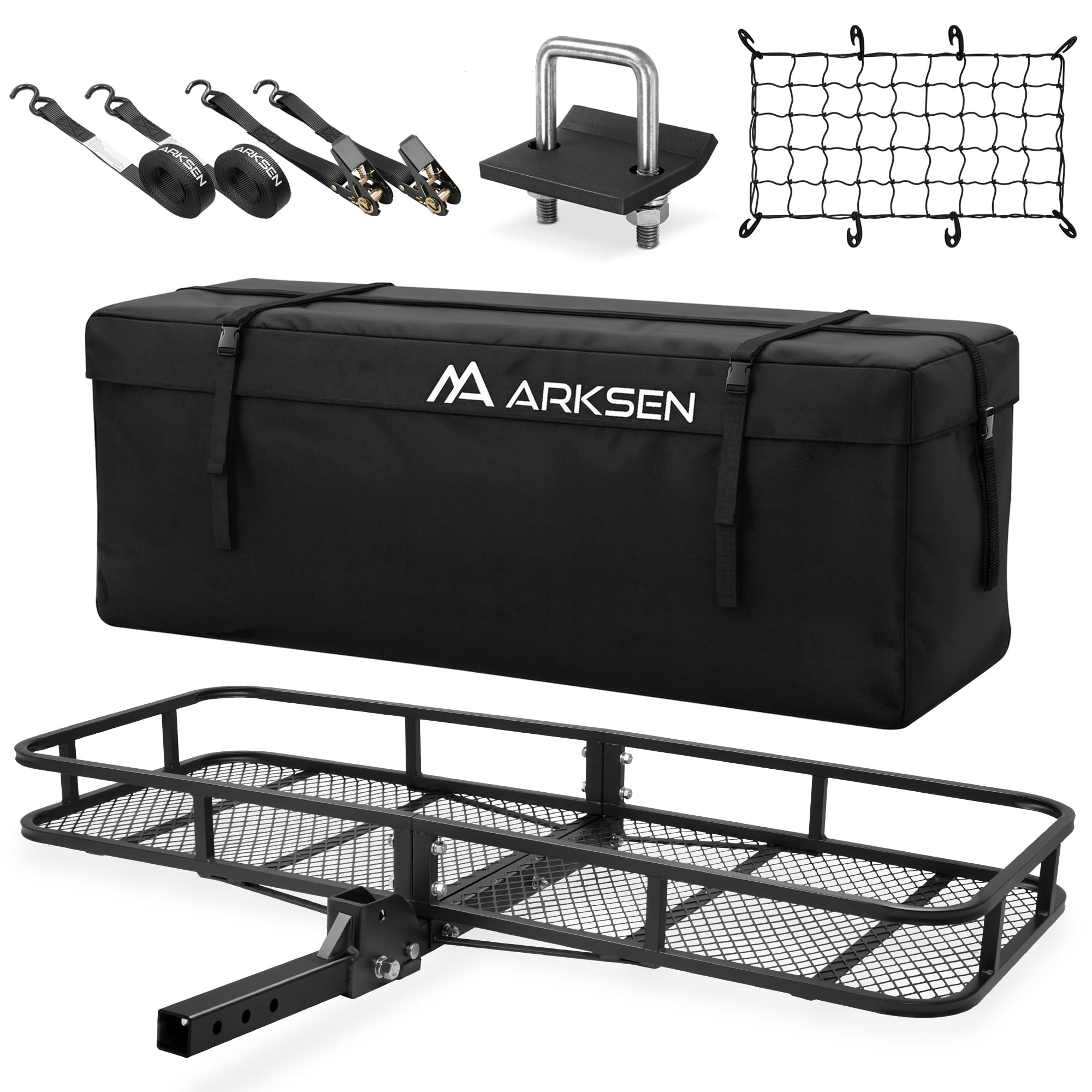 Arksen 60 X 23 X 5.5 Inch Folding Hitch Cargo Carrier Witth Cargo Bag&Net, Hitch Stabilizer, 2 Ratchet Straps, 500 Lbs Capacity
