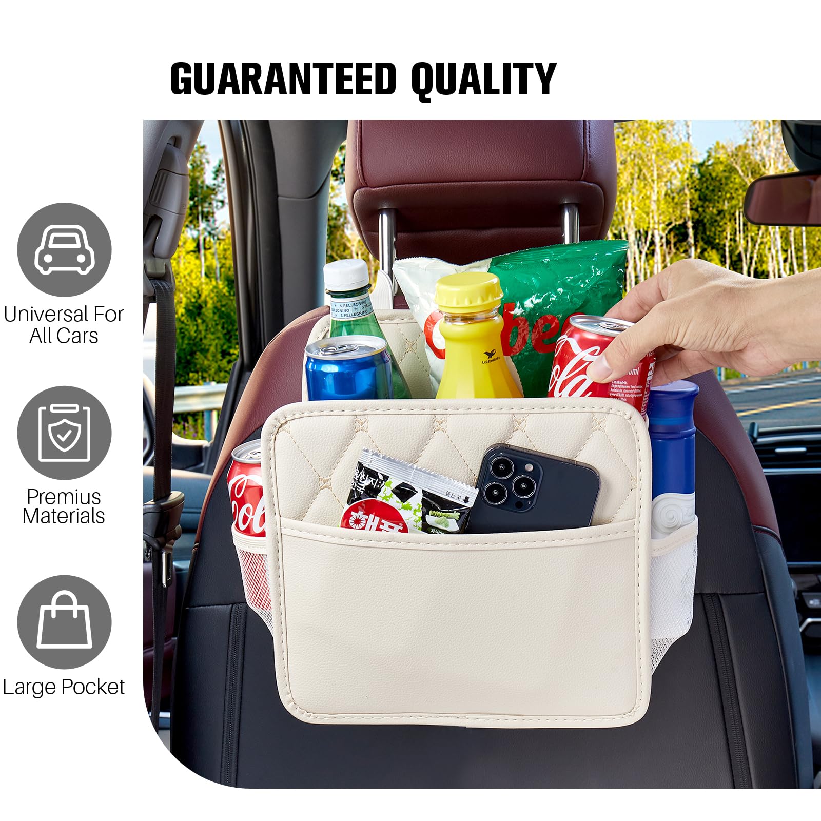 Lxunyi Universal Multifunctional Large Hanging Car Organizer - Beige, Foldable, Leather With Cup Holders, Back Seat Storage Bag