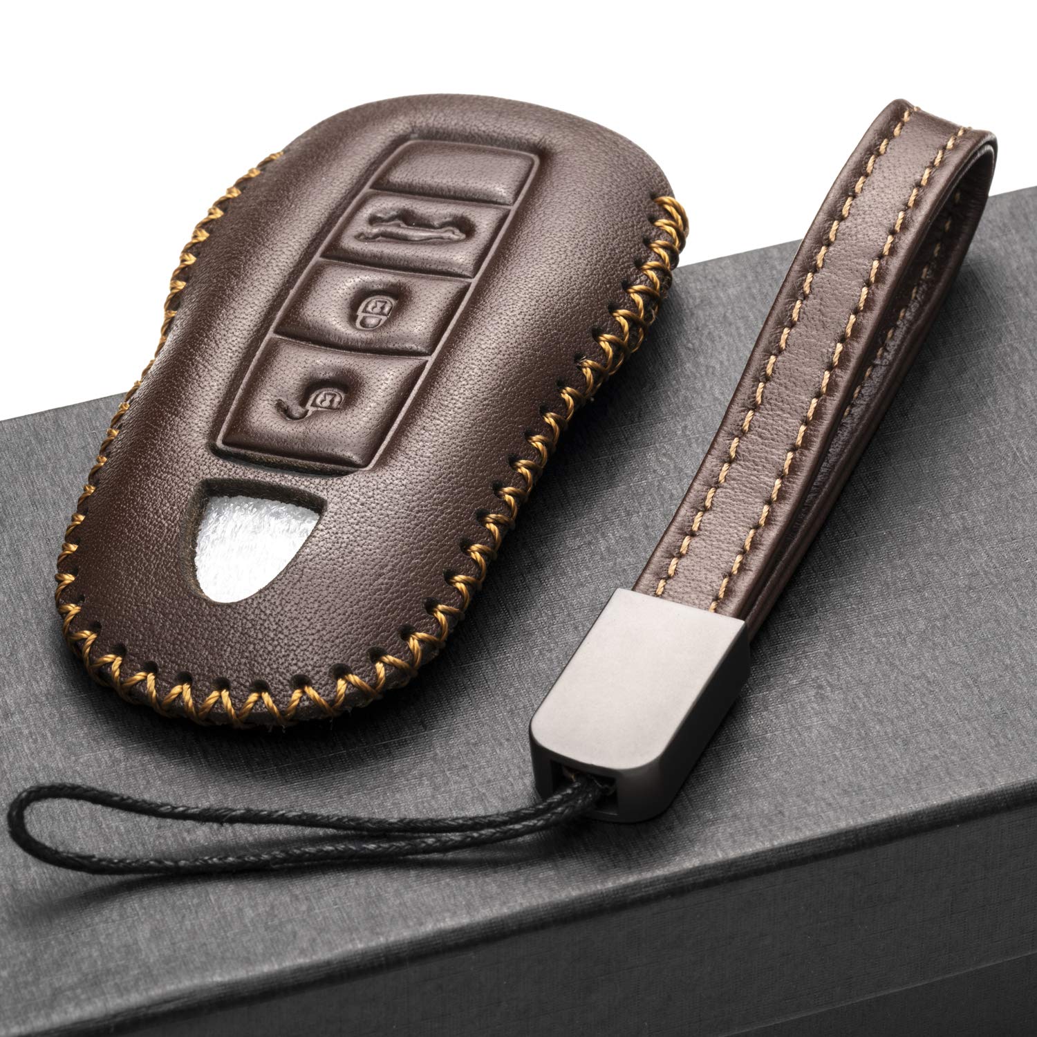 Vitodeco Genuine Leather Smart Key Fob Case with Leather Key Strap Compatible for Porsche 718, Porsche 911, Porsche Panamera, Po