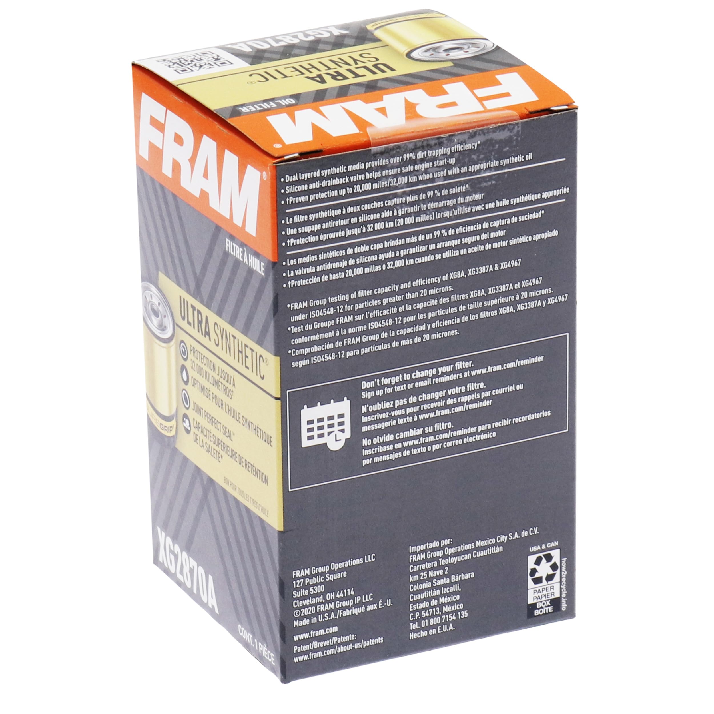 FRAM Ultra Synthetic Automotive Replacement Oil Filter, Designed for Synthetic Oil Changes Lasting up to 20k Miles, XG2870A with