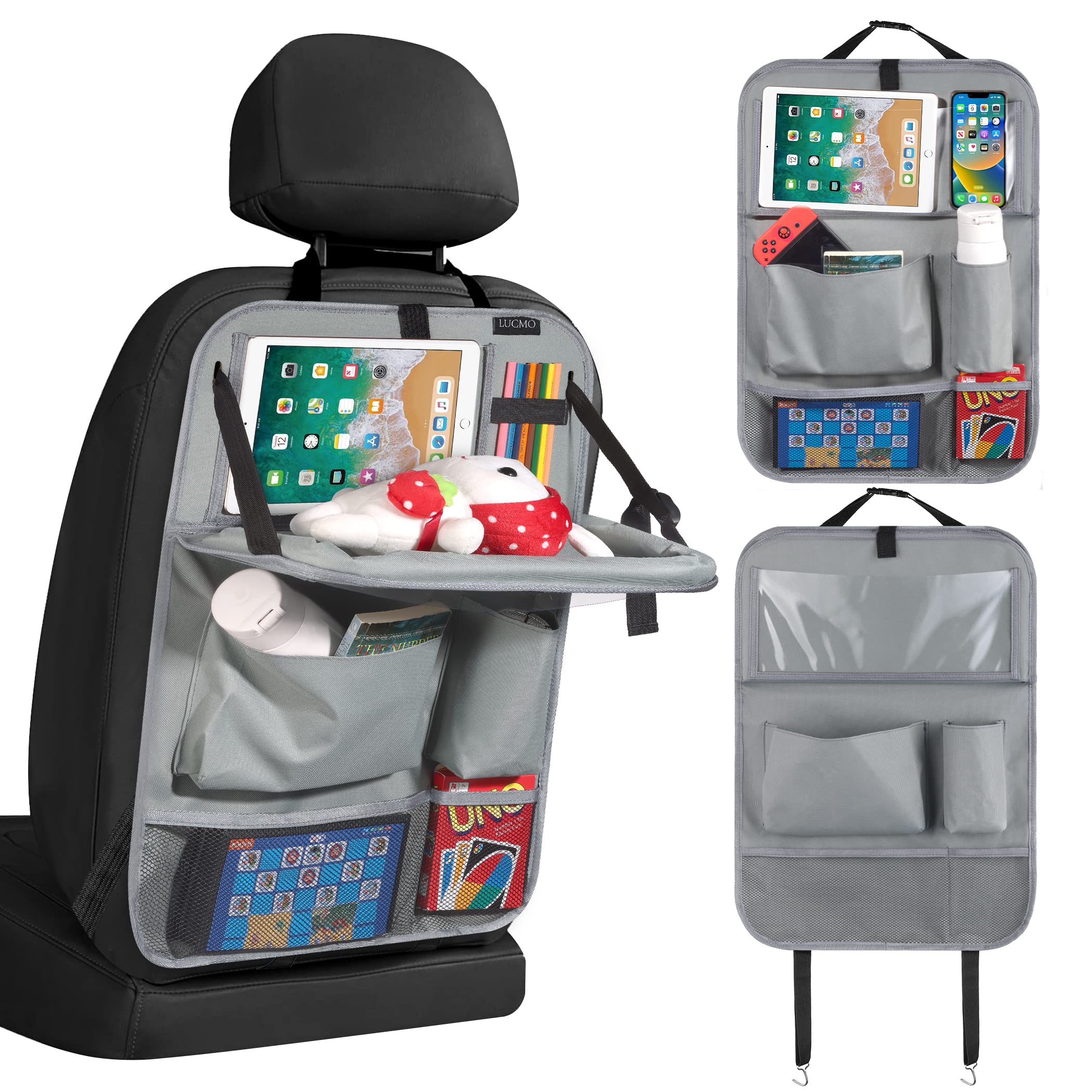 Lucmo Car Backseat Organizer With Tablet Holder,6 Storage Pockets Car Storage Organizer With Foldable Food Tray,Car Seat Back Protectors Kick Mats Travel Accessories-Grey