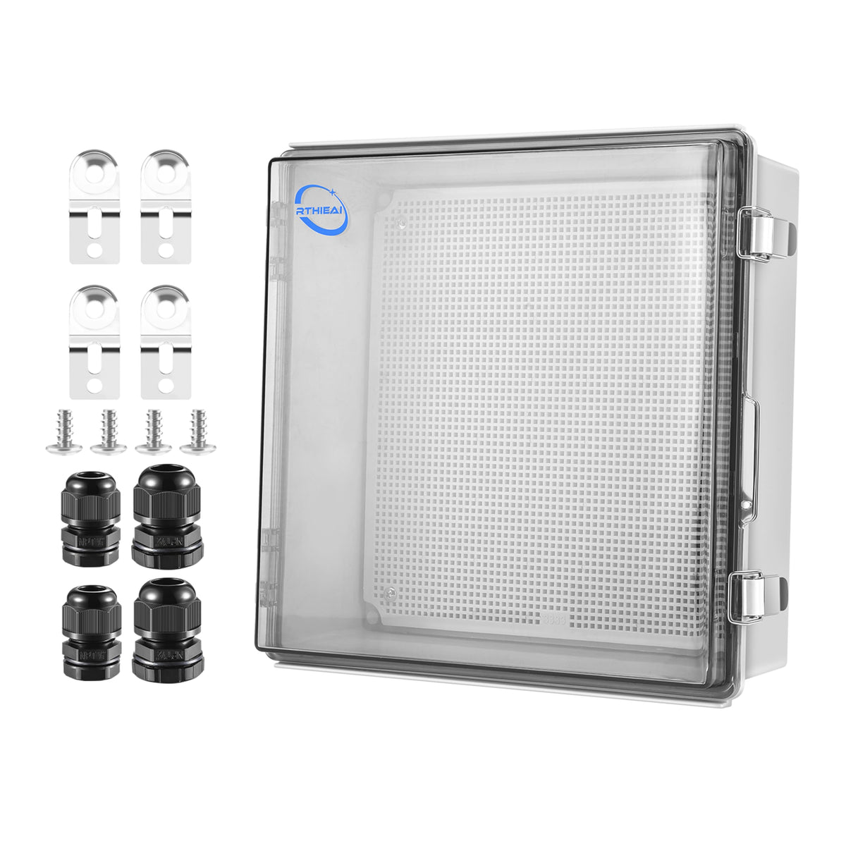 Rthieai Waterproof Outdoor Ip67 Junction Box (13'X13'X5.1') With Mounting Plate, Hinged Clear Cover And Wall Brackets - Weatherproof Abs Plastic Electrical Enclosure For Diy Projects (330X330X130Mm)