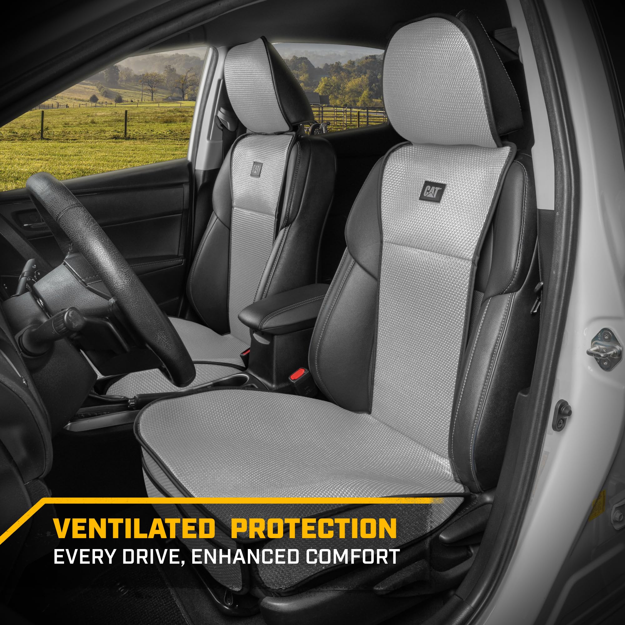 Caterpillar AeroMesh Gray Seat Covers for Trucks, Car, & SUV - (2) Front Truck Seat Cover Protector - Breathable Mesh Universal