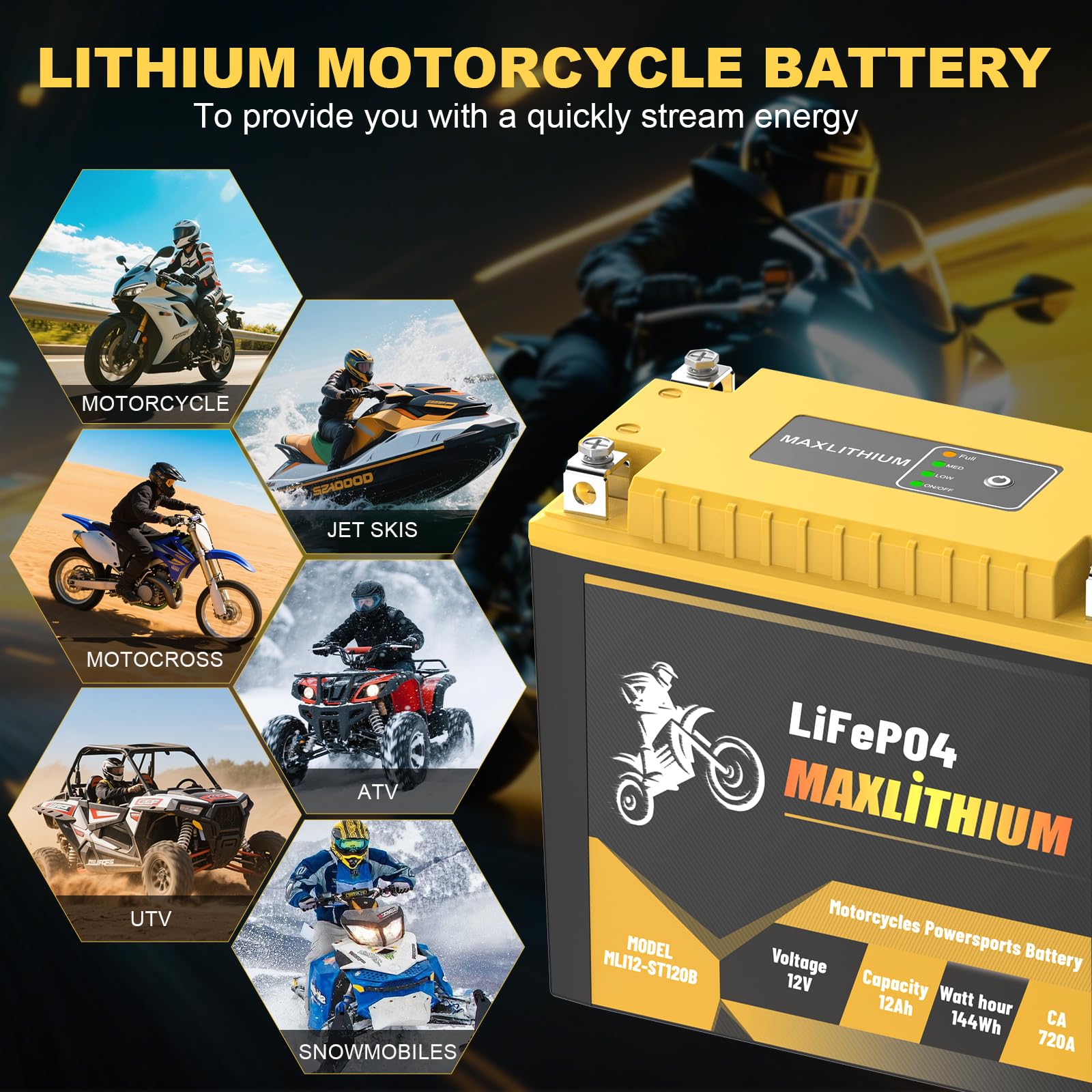 YTX20L-BS/YTX20-BS 12V 12Ah 720A Lithium Powersports Battery with Smart BMS, YTX20H-BS/YTX20HL-BS, Compatible ATV, UTV, Scooter,